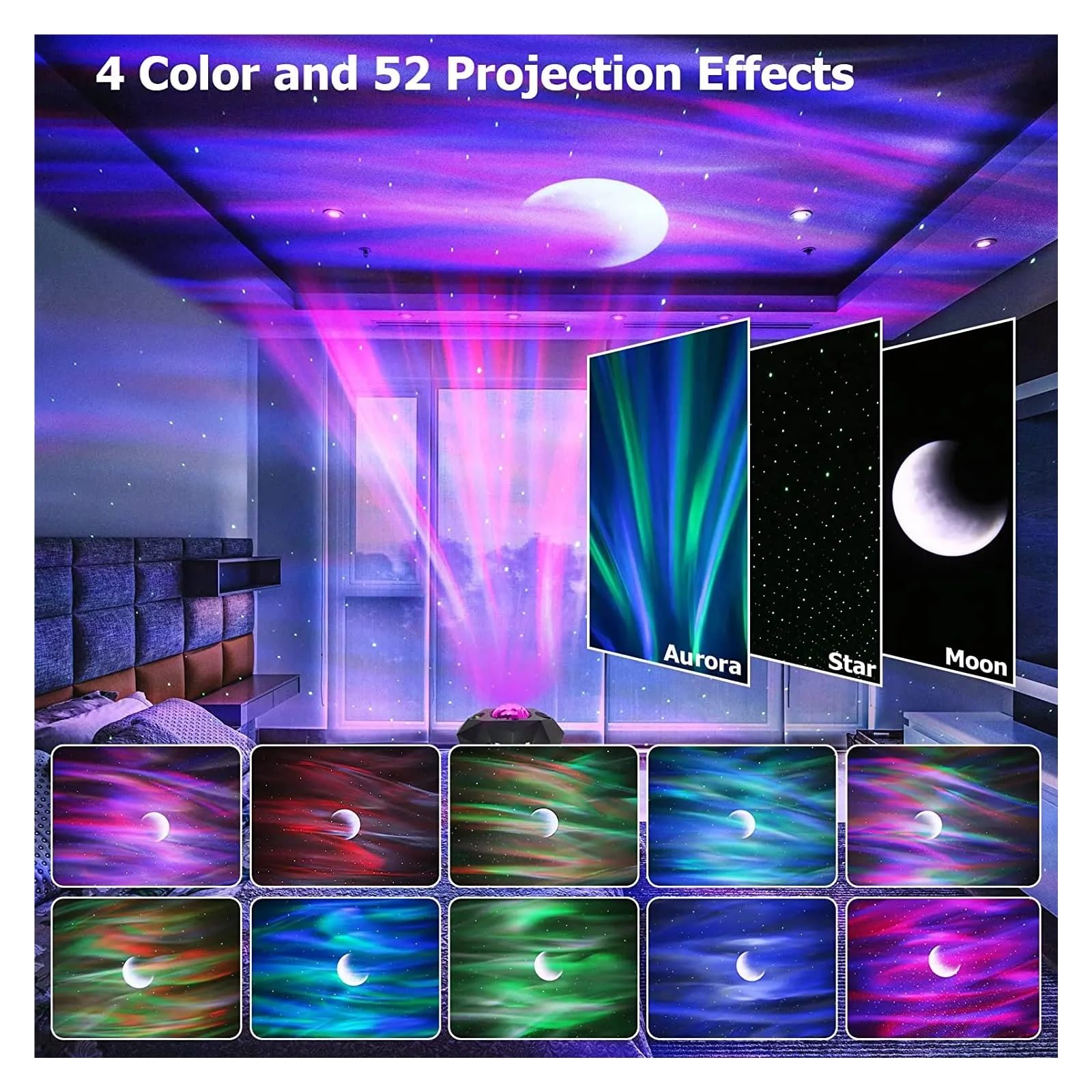 Projektor Led Aurora Borealis Księżyc Galaktyka Lampki Nocne Bluetooth Muzyka Gwiazda Mgławica Projekcja Atmosfera Lampa Dekoracja Sypialni Projekcja W Wysokiej RozdzielczośCi(Black)