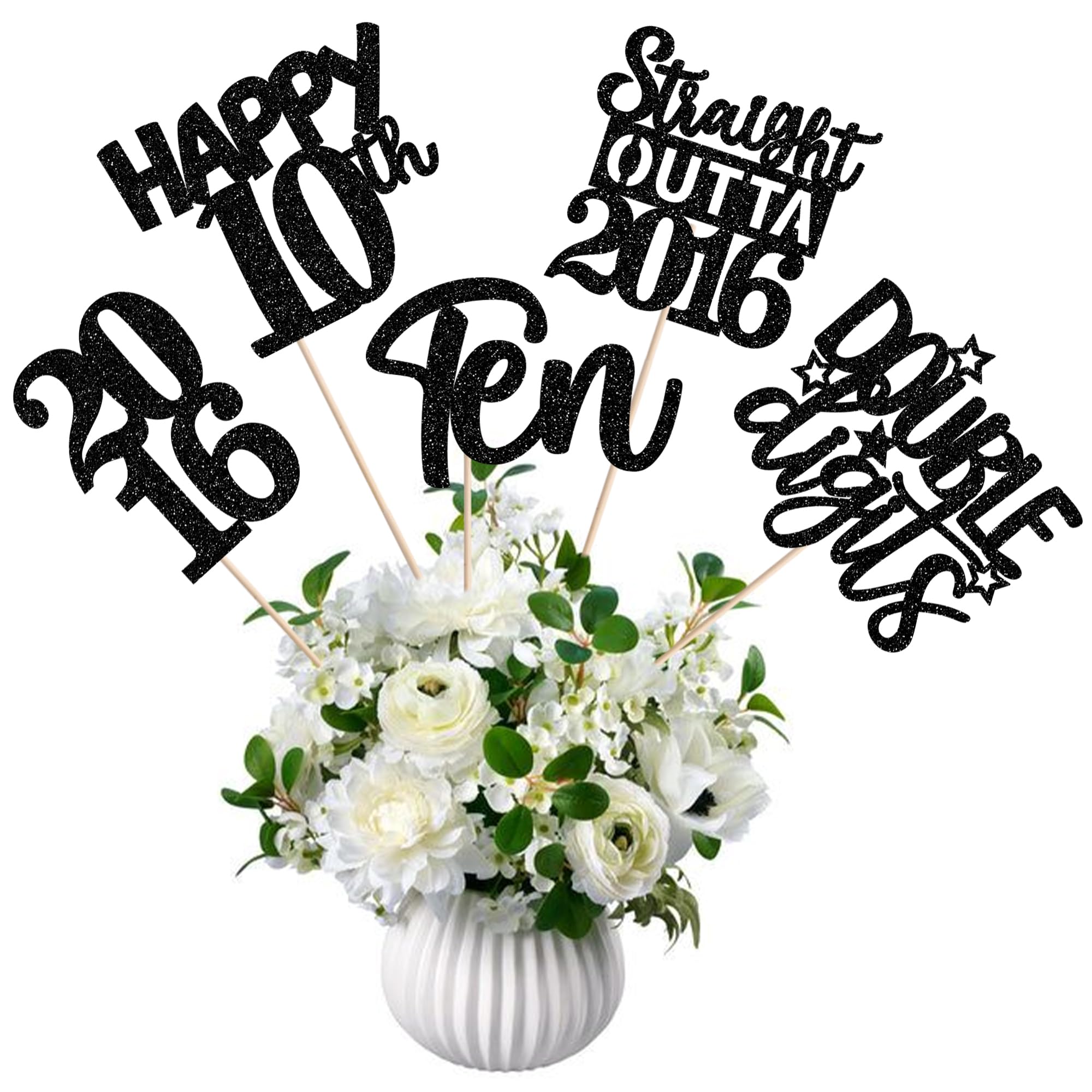15 PCS 10th Birthday Centerpiece Sticks Ten Happy 10th Straight Outta 2016 Table Flower Centerpieces Sticks Cheers to 10 Floral Decorations for 10th Birthday Party Centerpieces Supplies Black