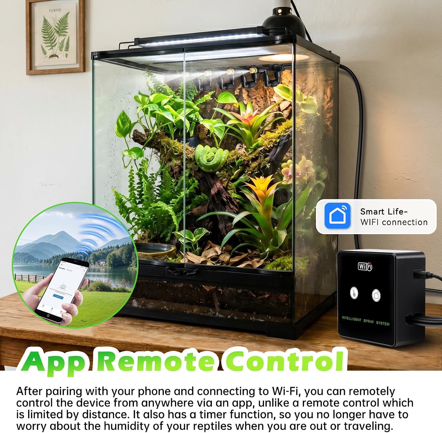 Smart Reptile Mister Automatic Mister System for Reptile Tank APP WiFi Remote Control Reptile Humidifier Fogger for Aquarium Terrariums with 360°Adjustable Misting Nozzles for Frog Lizard Amphibians