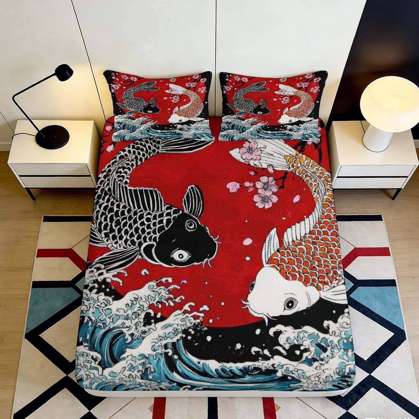 3D Printed Japanese Koi Fish Fitted Sheet Microfiber Red Wave Sakura Mattress Cover for Bedroom Dorm Mattress Protection Decor 200x200x25cm