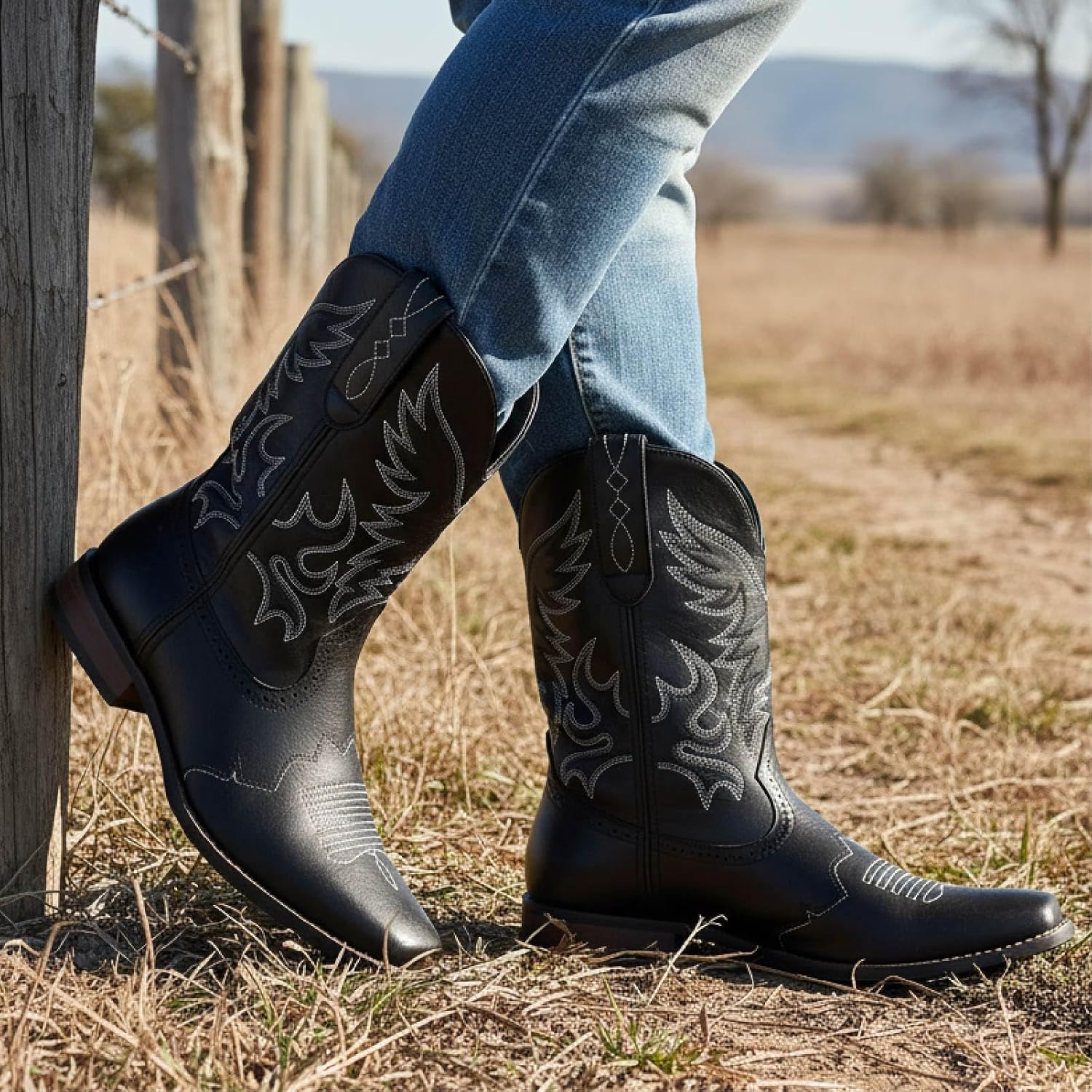 Cozypower Cowboy Boots for Men Western Square Toe Embroidered Cowboy Boots for Adult Western Costume