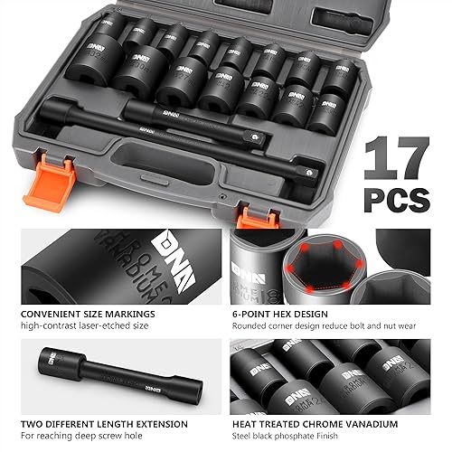 Miniatura 3 de DNA MOTORING TOOLS-00140 - Juego de llaves de vaso de impacto métricas de 1/2 pulgada, 0.394-1.260 in y barra de extensión de 5 y 10 pulgadas, Cr-V