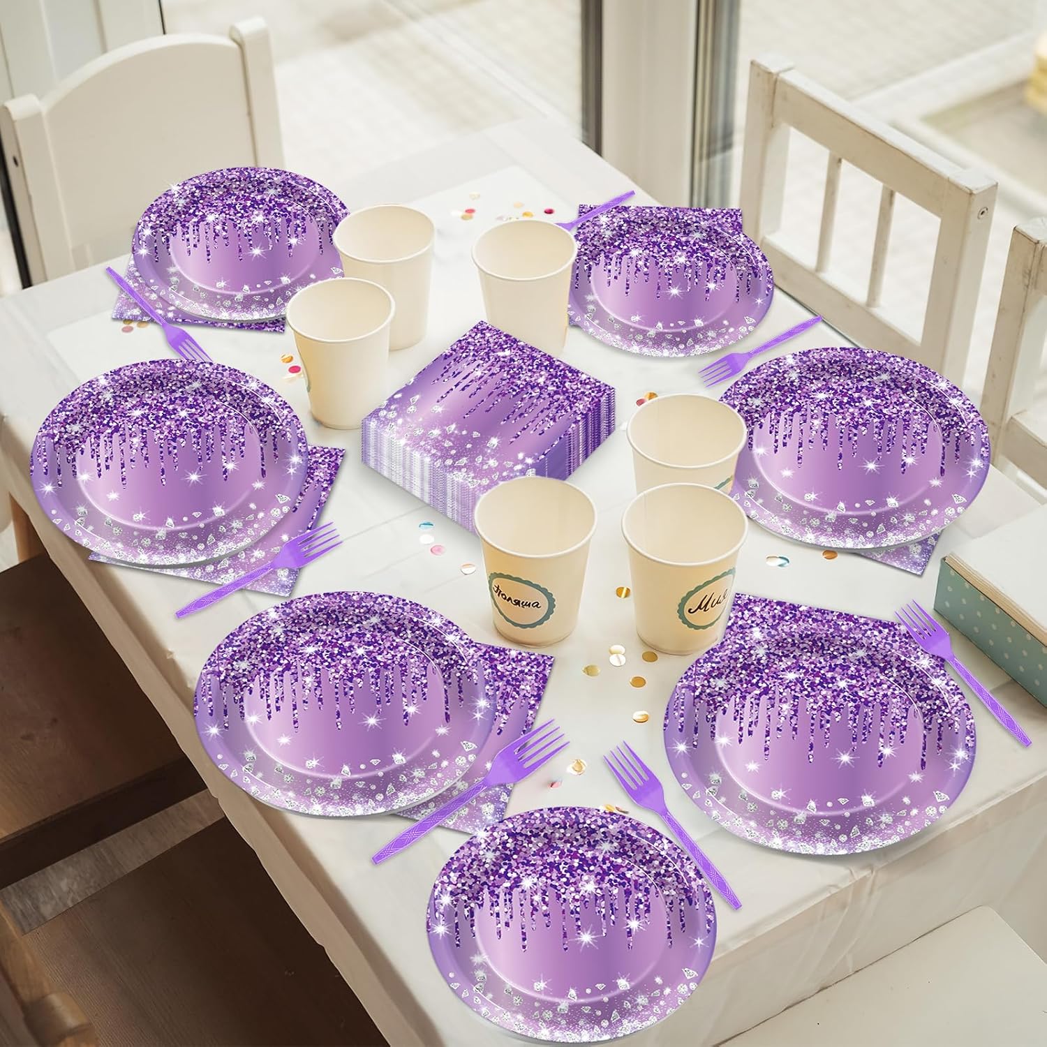 200PCS Purple Birthday Party Plates and Napkins Purple And Silver Birthday Party Decorations Purplish silver Theme Tableware Set Serves 50 Guests Girls Ladies Women Wedding Favors - Image 7