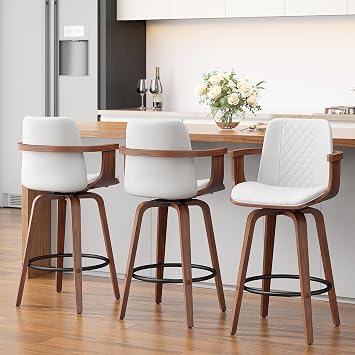 YaFiti Bar Stools Set of 3, 26 Bentwood Counter Stools with Arms, White