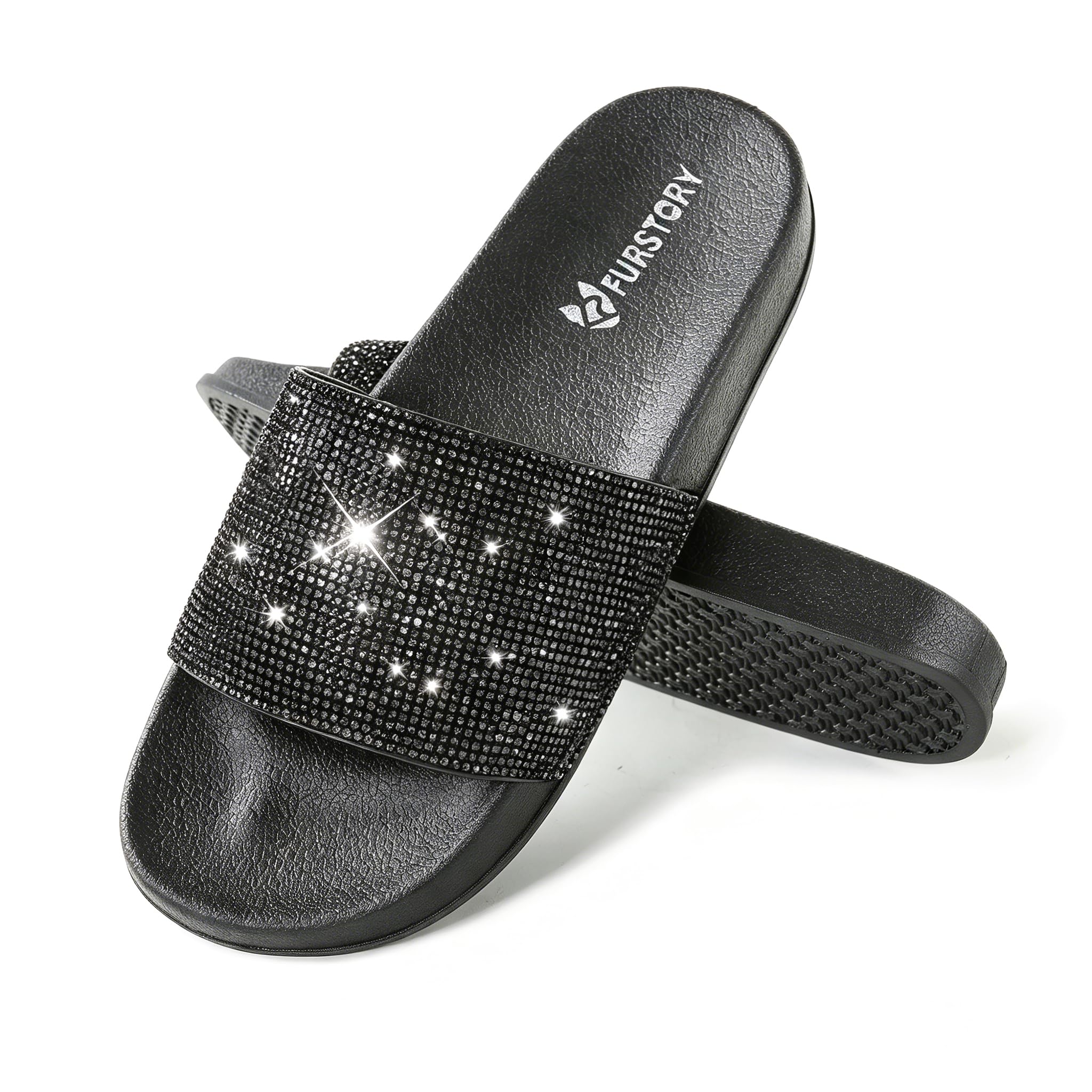 Fur Story Womens Slides House Slippers Rhinestone Glitter Slides Cute bling Flat for Women Platform Sandals Cozy Bedroom Slippers Shower Shoes