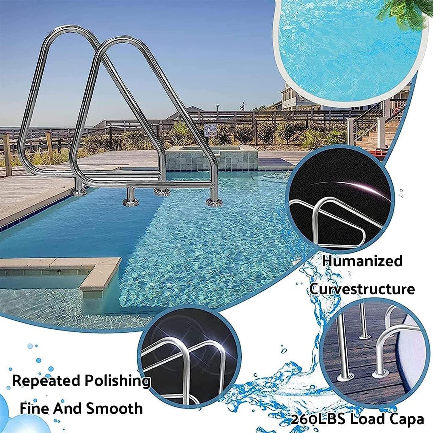 Pool Handrails for Inground Pool Entrances, 304 Stainless Steel Safety Handrails, 3 Elbow Humanized Handle Design,Full Set Accessories,Silver