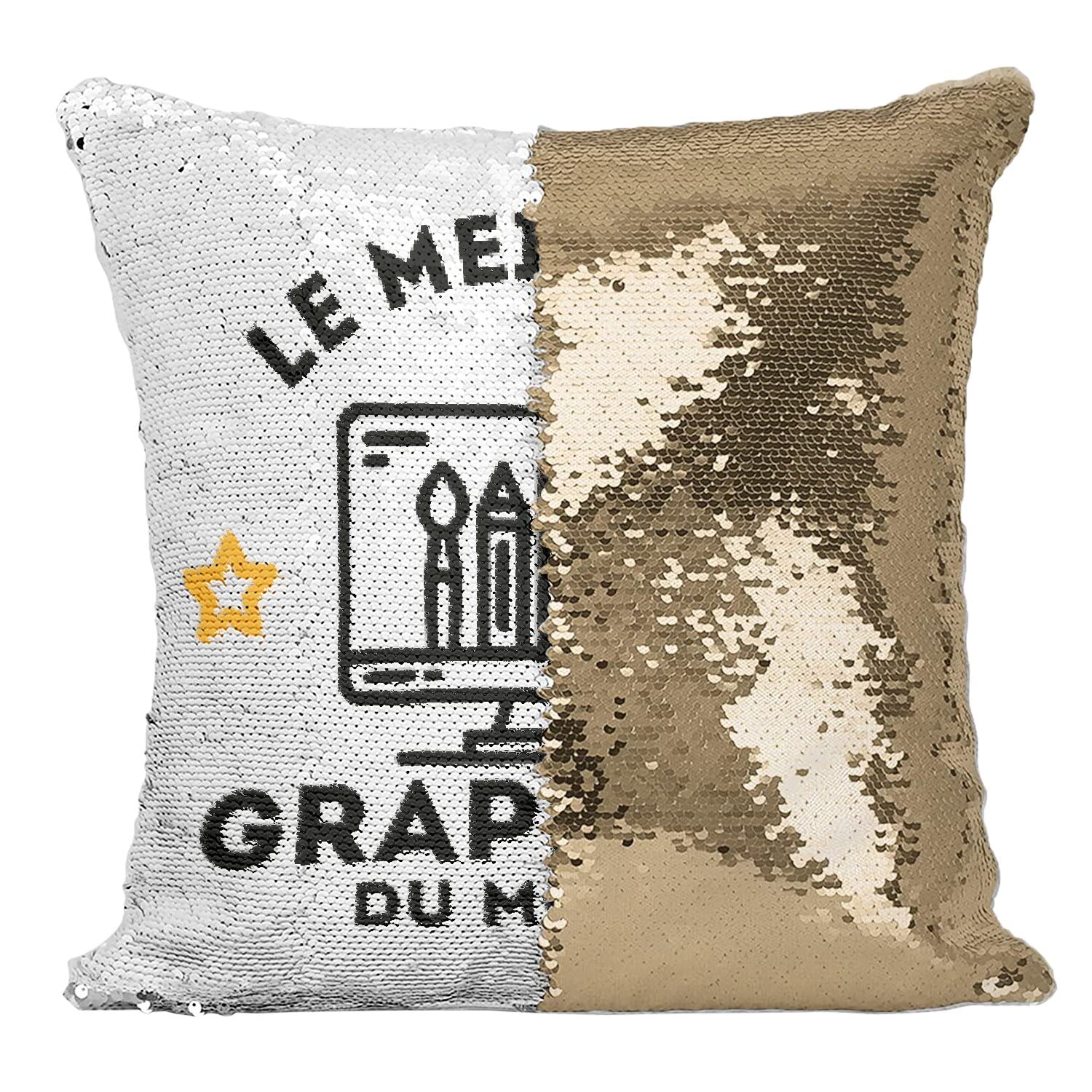 Coussin Sequin Paillettes Doré Le Meilleur Graphiste du Monde pour décoration de bureau créatif