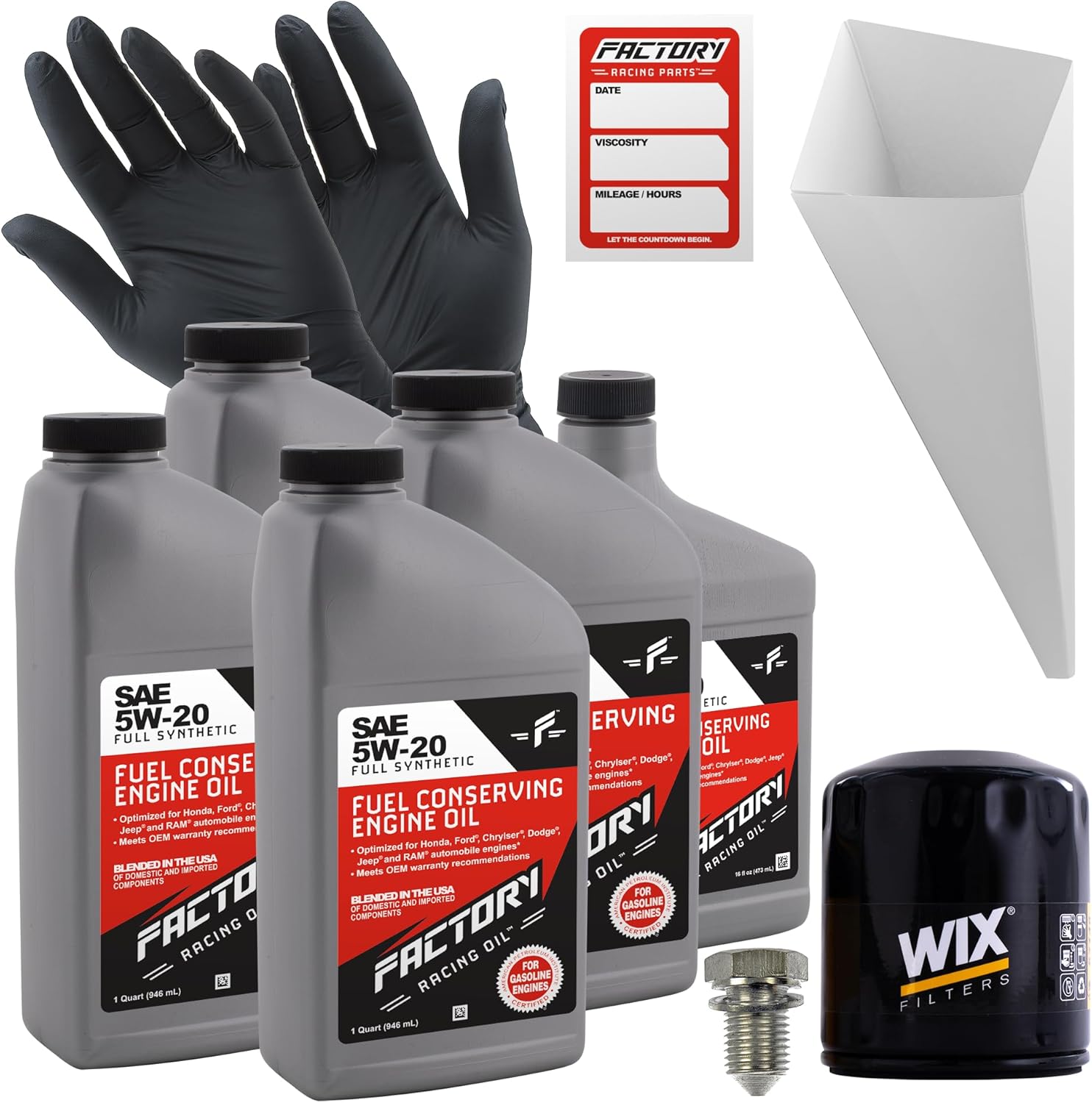 Factory Racing Parts Oil Change Kit Compatible with Ford EcoSport 2018-2019, Escape 2005-2016, Fiesta 2011-2019, Focus 2003-2018, Transit Connect 2010-2016 5W-20 Full Synthetic Oil - 4.5 Quarts