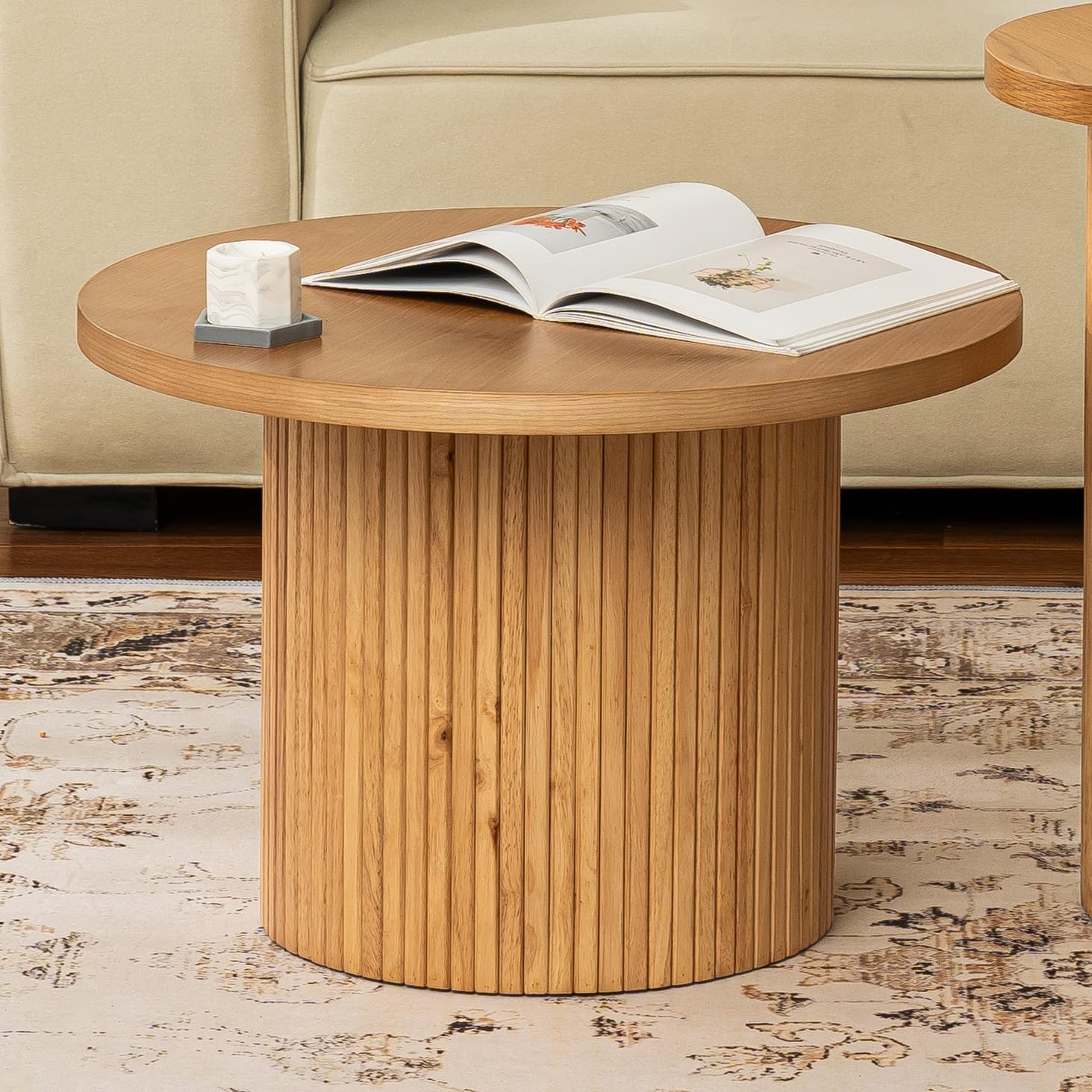 Round Coffee Table, 36" Coffee Tables for Living Room, Rustic Wood Base and Marble Desktop with Modern Design Home Furniture Circle Faux Marble+Wood Accent Center Table for Home, Office, Cafe