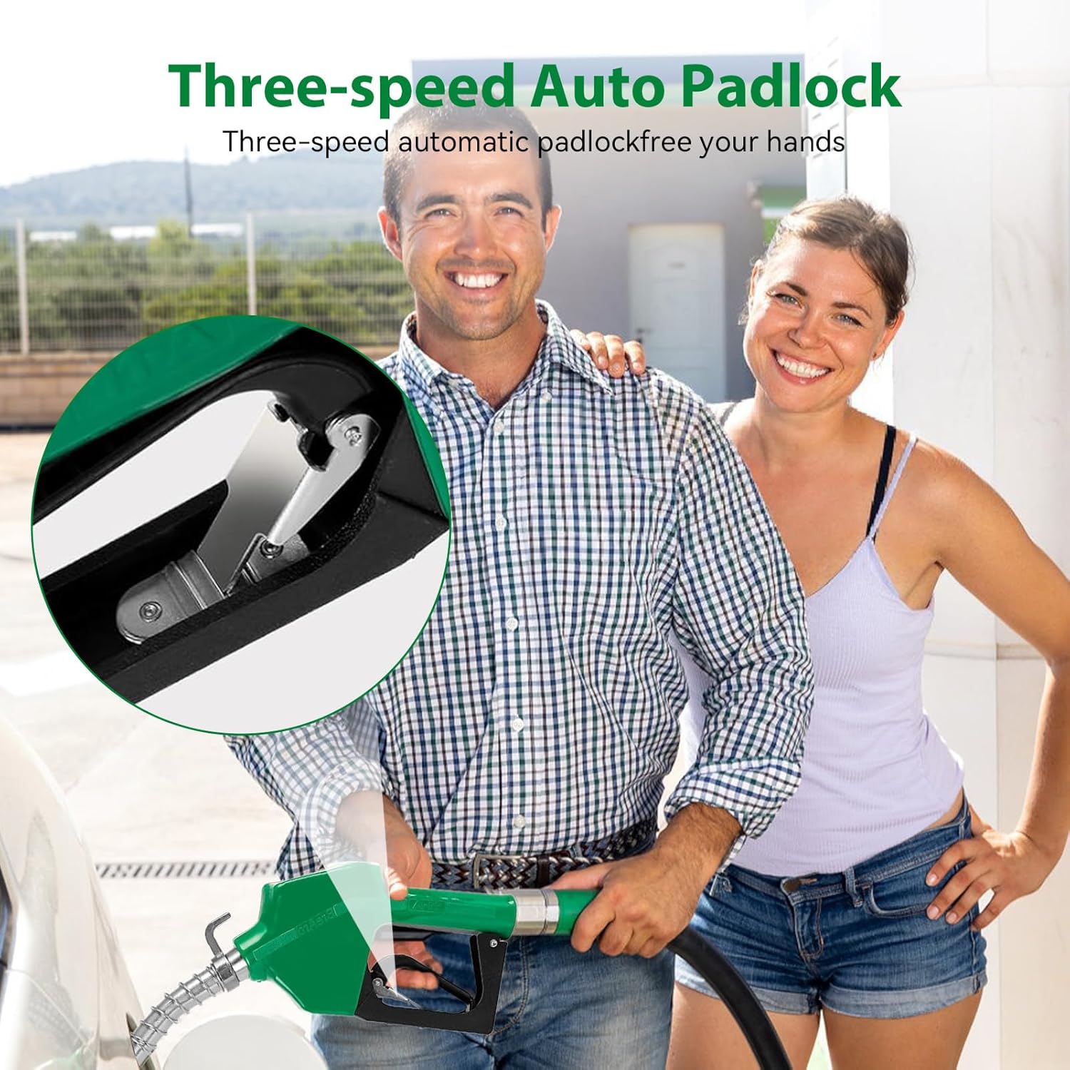 Shearly 3/4" NPT Automatic Fuel Nozzle with Hanging Hook, 3-speed Padlock, Auto Shut Off Gas Pump Nozzle Max Flow Rate 16 GPM,13/16"Spout for Gasoline, Diesel