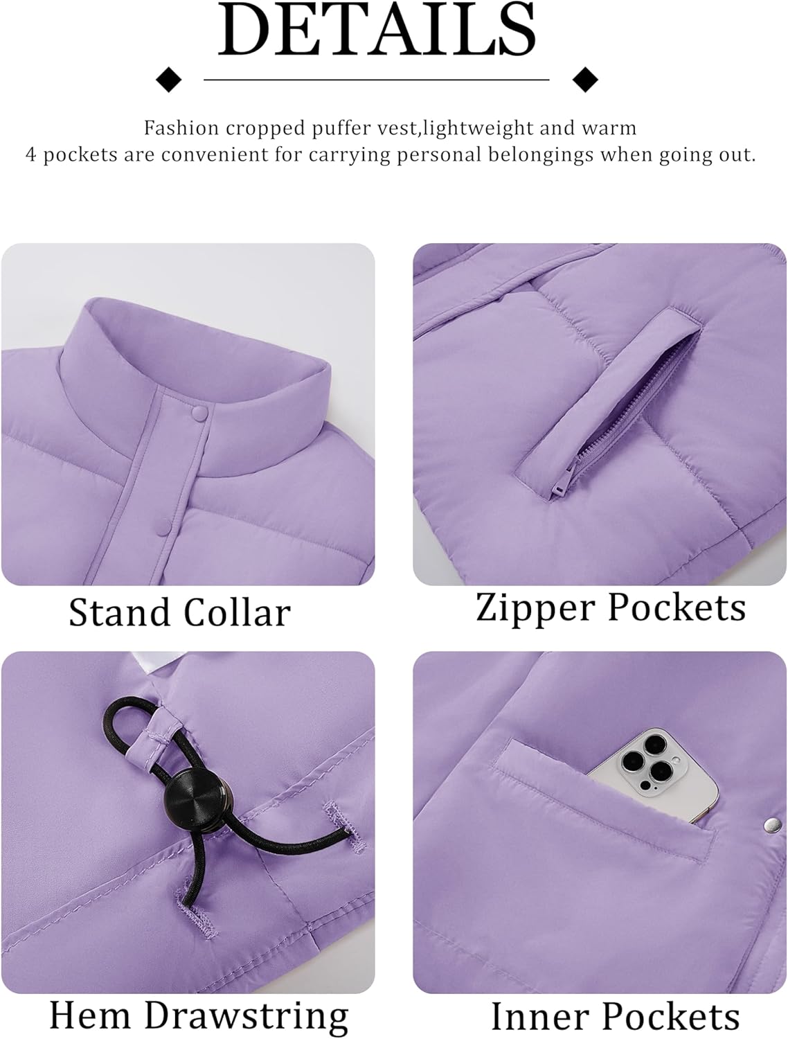 YUCOLEN Womens Puffer Vest Sleeveless Lightweigh Cropped Vests Button Zip Up Winter Warm Outerwear Stand Collar Trendy Coat - Image 6