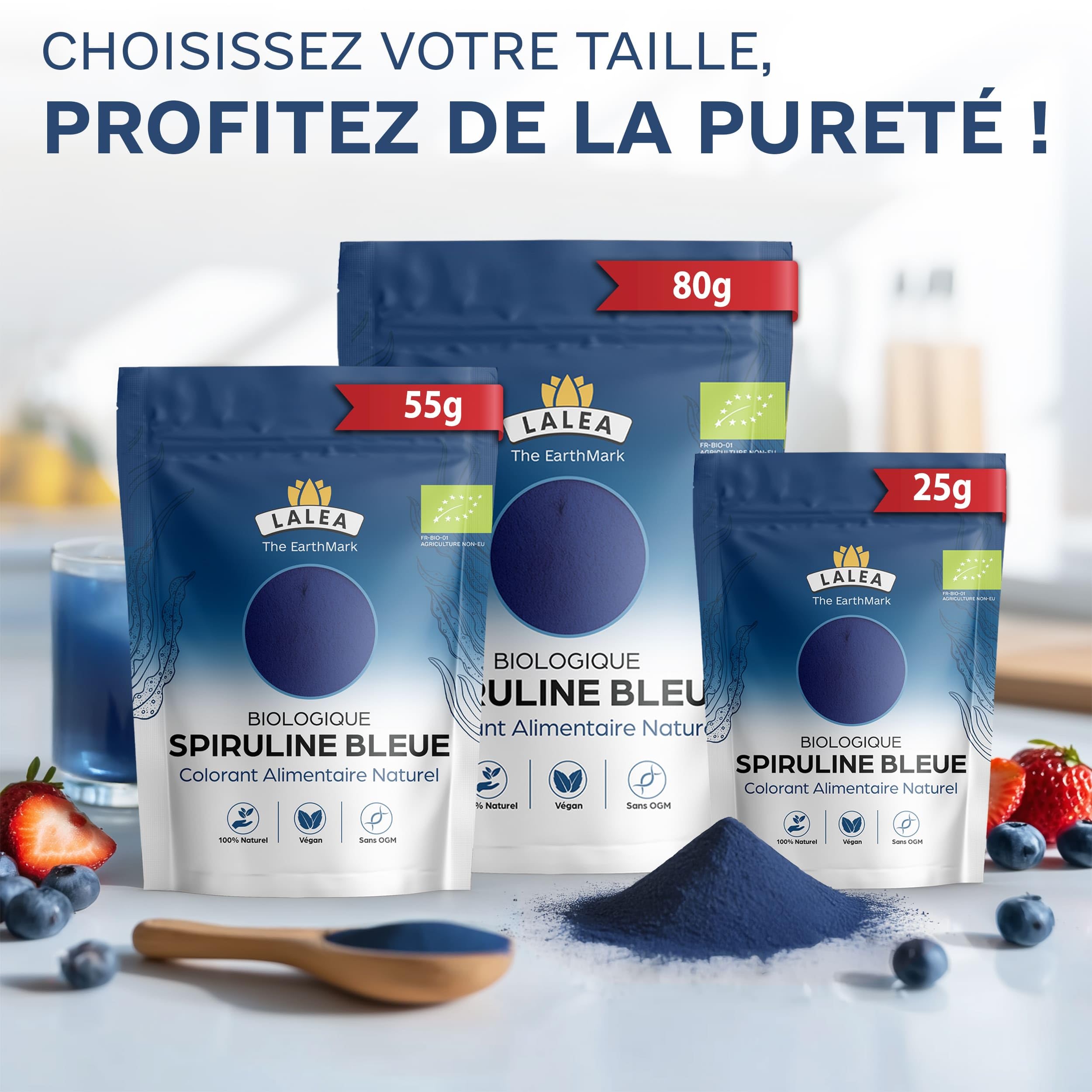 LALEA Spiruline Bleue BIO en Poudre 55g – Phycocyanine Bleue Pure Bio – Colorant Alimentaire Poudre Bleu Naturel (E18) – Spiruline Bleu Poudre pour Smoothies, Pâtisserie, Boissons & Desserts