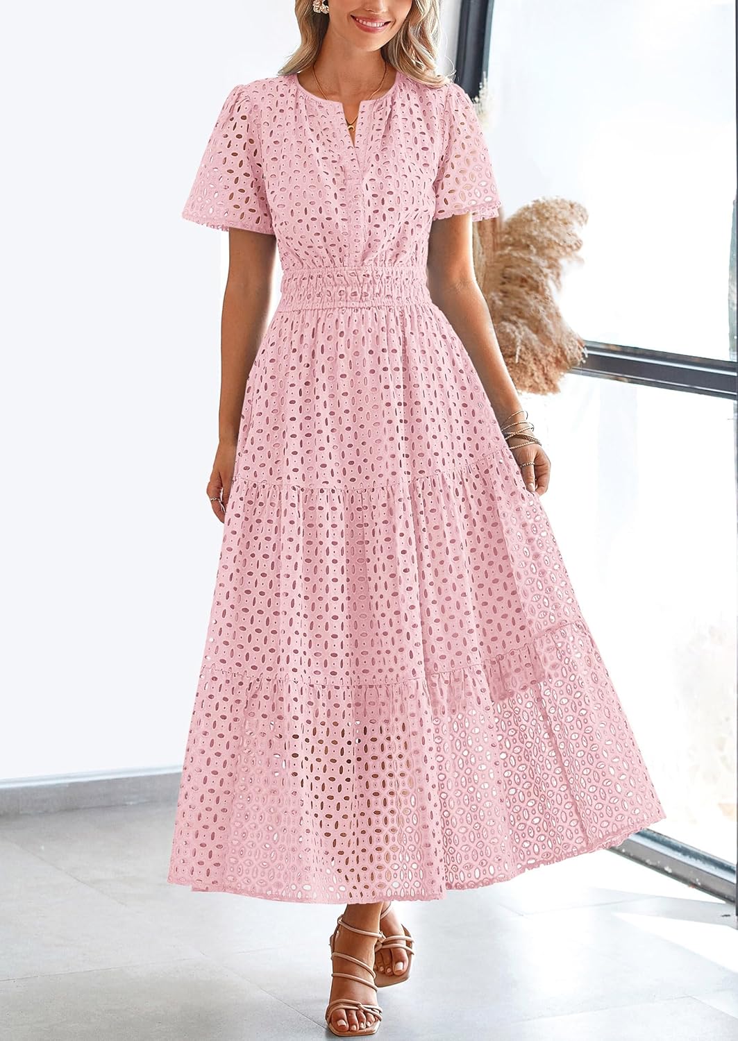 PRETTYGARDEN Womens 2026 Summer Maxi Dress Short Sleeve V Neck Hollow Out Eyelet A Line Long Flowy Beach Vacation Dresses - Image 7