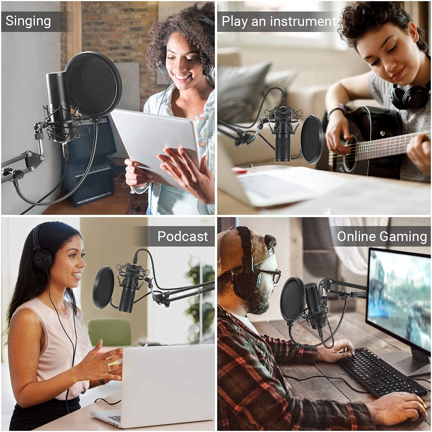 Kit microfono USB, set di microfoni da registrazione in metallo con supporto a braccio regolabile, microfono a condensatore per computer per registrazioni in studio di voci, doppiaggi e trasmissioni