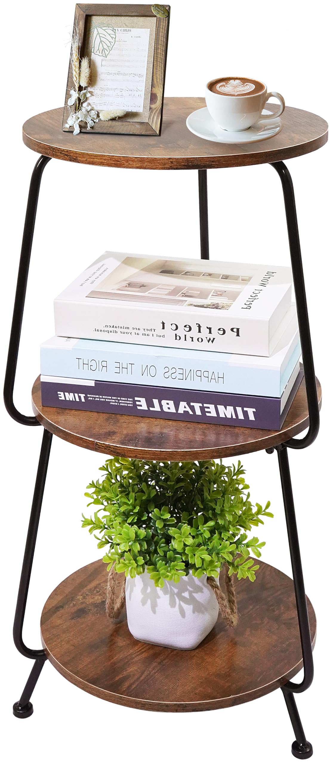 Small Round Side Table, 3 Tier Circular Narrow End Table with Storage Shelf, Round Corner Coffee Table Nightstand, Compact Tea Sofa Table for Living