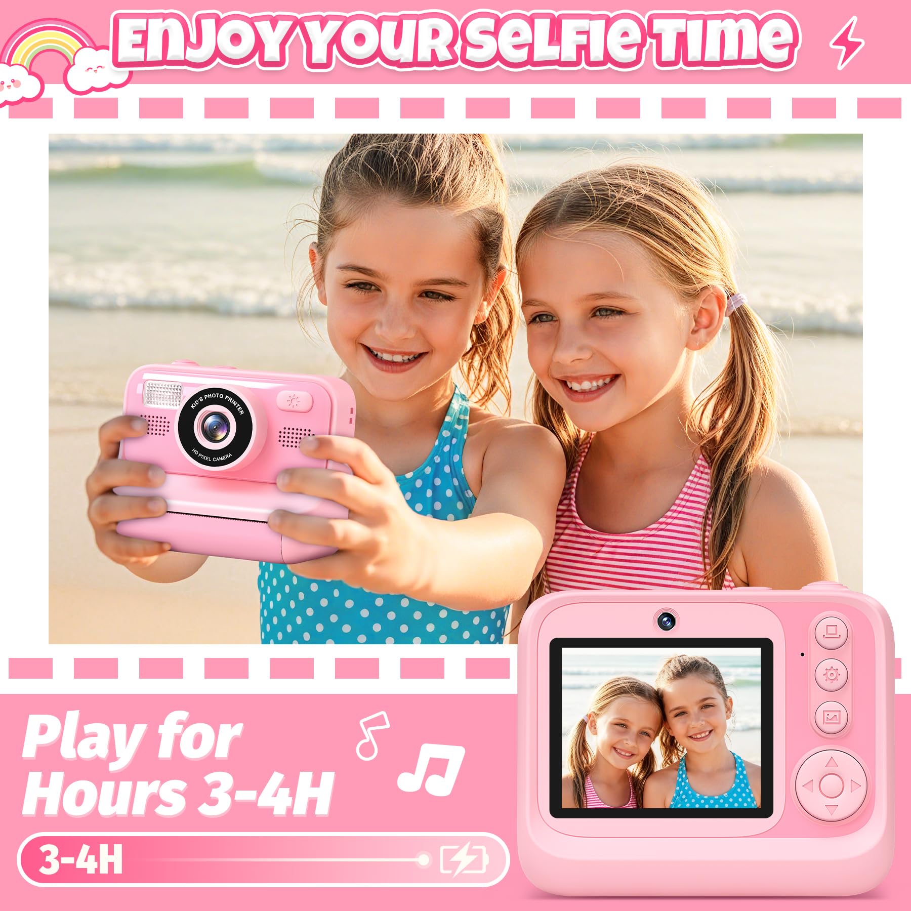 Appareil Photo Instantané Enfants, 2.4" Écran Selfie Appareil Photo instantané Enfant avec Carte de 32GB & 3 Rouleaux de Papier d'impression, Jouet Cadeau Noël Fille Garcon 3 à 12 Ans(Rose)