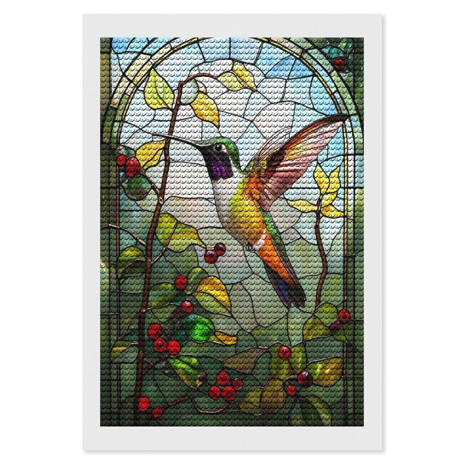Junmoney Stained Glass Hummingbird Diamond Painting Canvas Kit 8"x12", Adhesive Canvas, Christmas Gift, Full Kit Included, Thoughtful Present