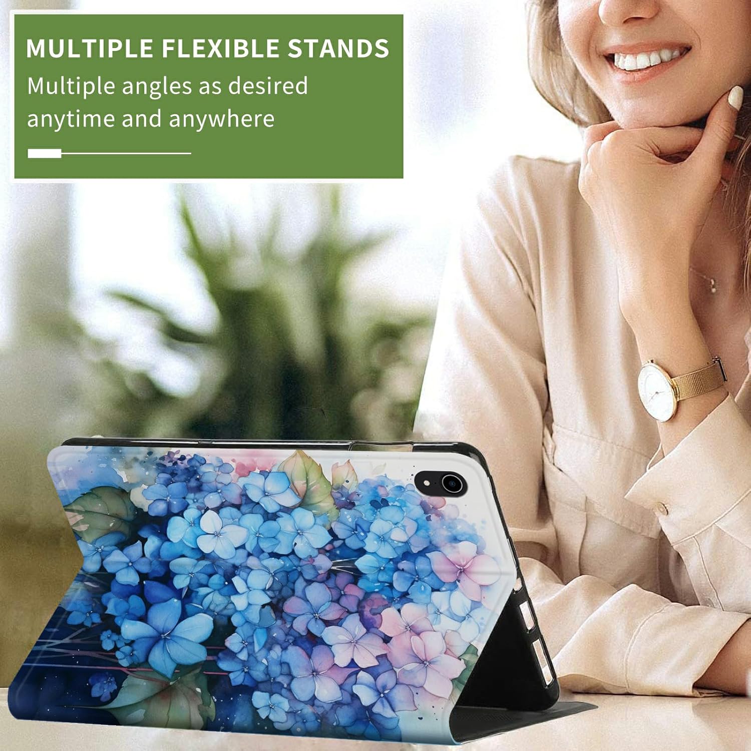 for iPad Air 11 Inch Case M2 (2024) /Air 6th/5th/4th Gen (2024/2022/2020) PU Leather Slim Lightweight Multi-Angle Stand Smart Cover with Auto Wake/Sleep,Blue Hydrangea Flowers