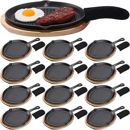Mifoci 12 juegos de platos de fajita de hierro fundido con bandeja base de madera y mango sartén de hierro fundido para carne, pollo, fajitas
