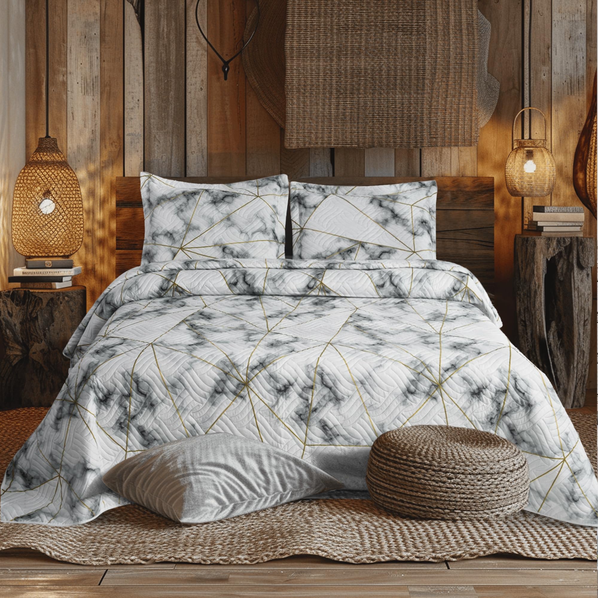 Hadi London 3Pcs Patchwork Quilted Bedspreads with 2 Shams | Reversible Floral Print | Lightweight Quilt Comfort | Fits Double and King Size Beds 220x240cm | 30 Unique Designs (MILAN-101)