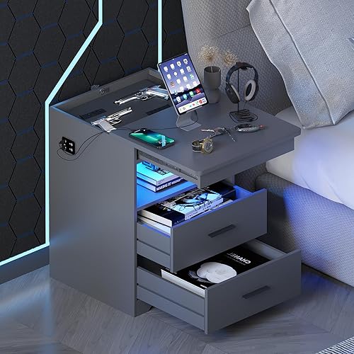 Miniatura 17 de Gurexl Juego de 2 mesitas de noche con estación de carga para dormitorio, mesa auxiliar con cajón secreto para armas, moderna mesa auxiliar LED con