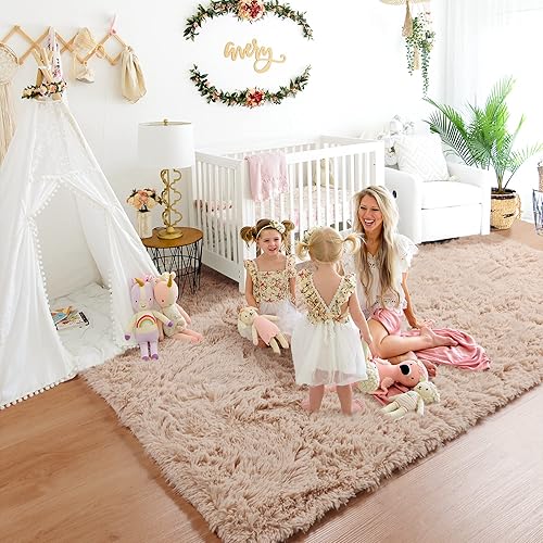 Miniatura 3 de RUGTUDER Alfombra de 5 x 8 pies para sala de estar, alfombra suave y esponjosa beige para dormitorio, alfombra de área grande para niños y bebés,