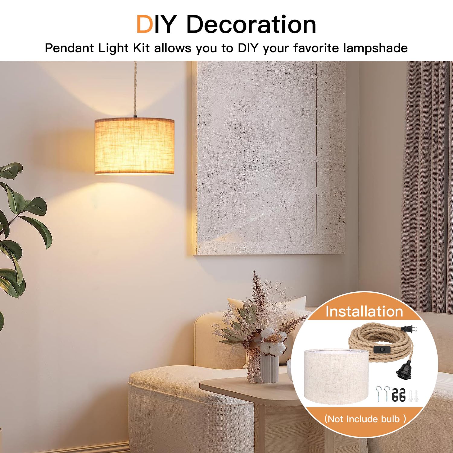 Lámpara colgante enchufable de 16.5 pies, lámpara colgante con pantalla de enchufe, interruptor de cuerda de cáñamo, pantalla de tela de lino beige para comedor, cocina, sala de estar 5