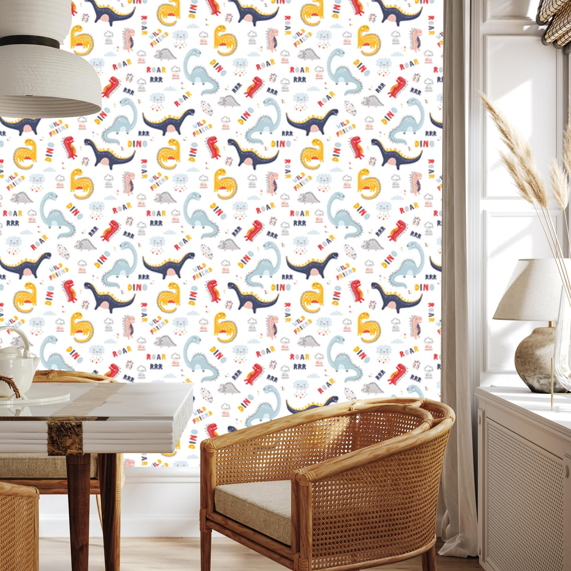 Vliestapete Bunte Wolkendinosaurier 50 x 1000 cm | Ausdrucksstarke Faunadarstellung; Lebendige Naturkulisse; Charaktervoller Zimmerschmuck; Kleister im Set