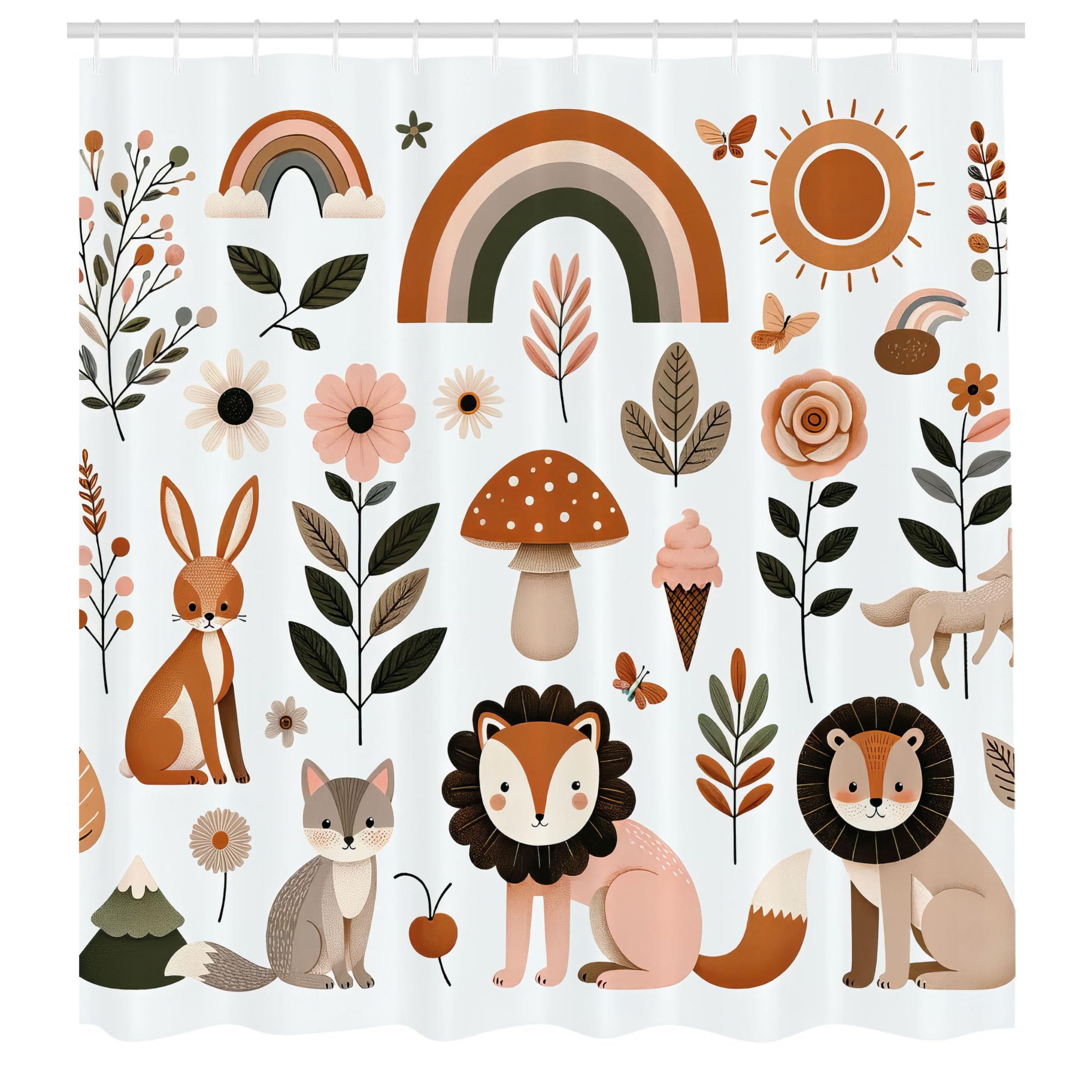 ABAKUHAUS Woodland Shower Curtain, Animals in Boho Colors, Cloth Fabric Bathroom Decor Set with Hooks, 175 x 220 cm, Rust Warm Taupe Rouge