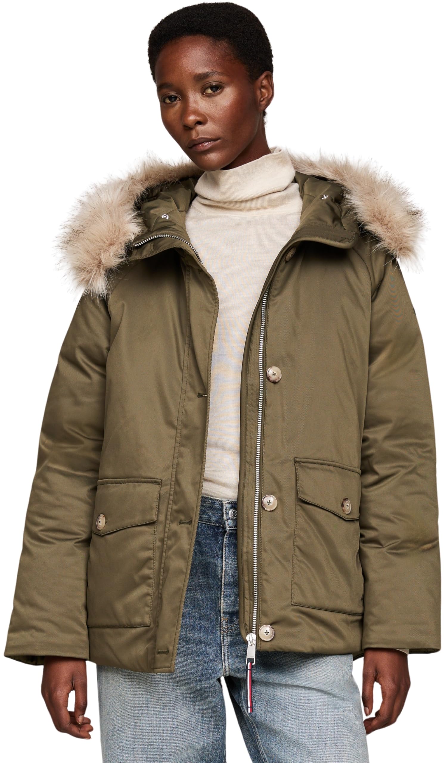 Tommy Hilfiger Damen Parka Damen Parka Padded Parka With Fur mit Knopfleiste (Army Green)