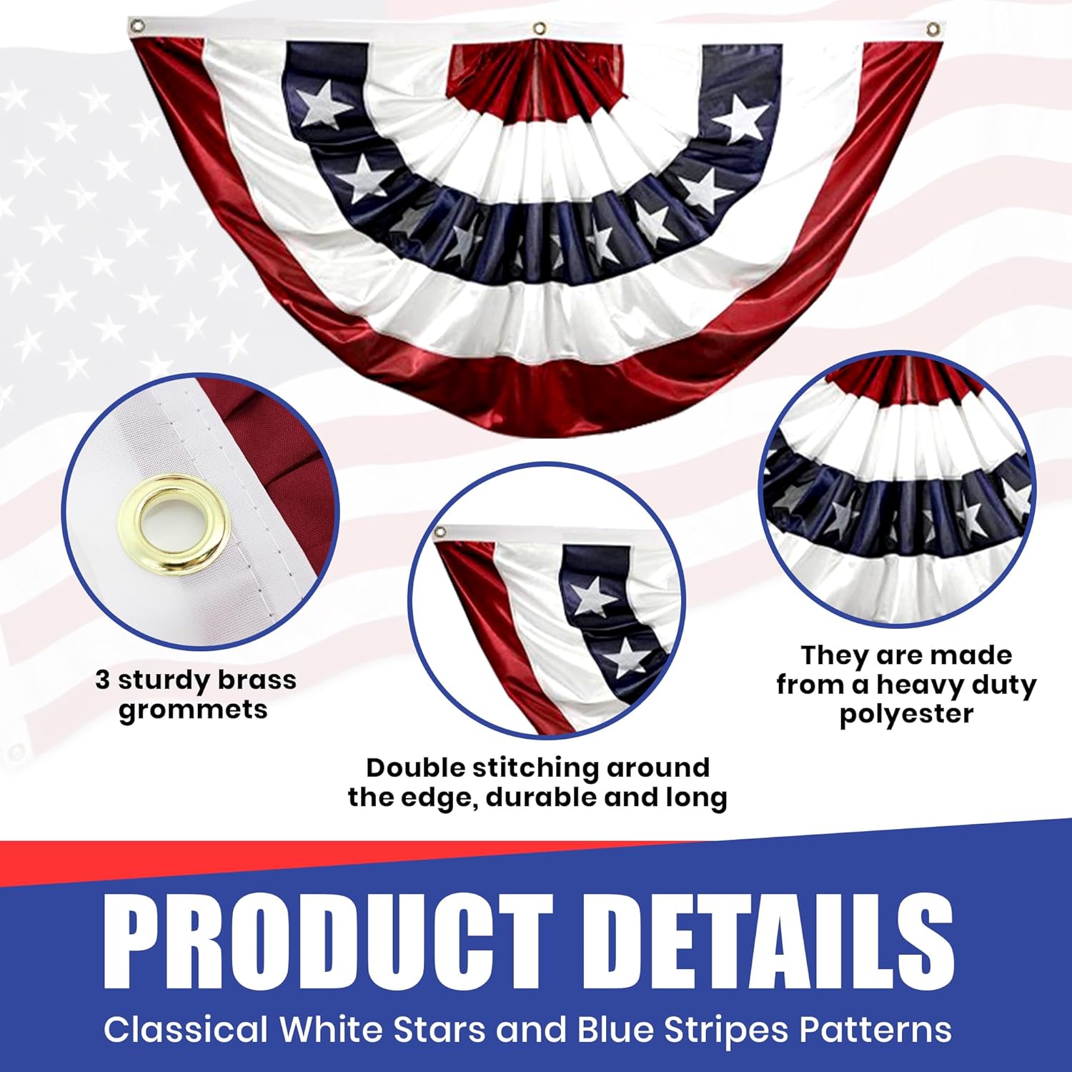 Super Tough 3’x6’ American Flag Bunting | Polyester Pleated Flag Fan, Embroidered Stars and Stripes | Weather-Resistant Patriotic Decor