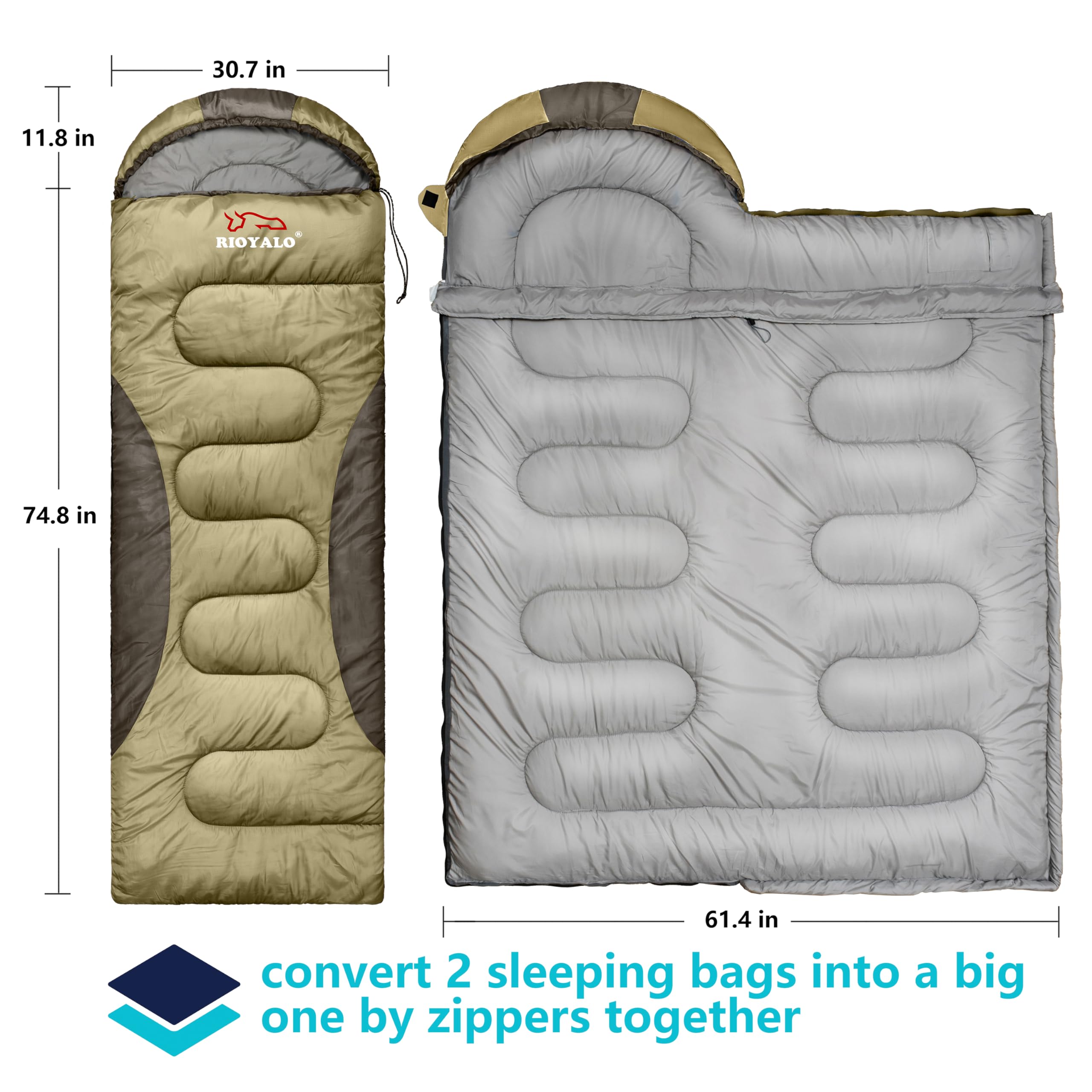 Sac De Couchage Hiver Rectangulaire - Confort 0°C (-18°C), Vert Armée, Avec Oreiller, Pour Adulte Jusqu'à 2m10