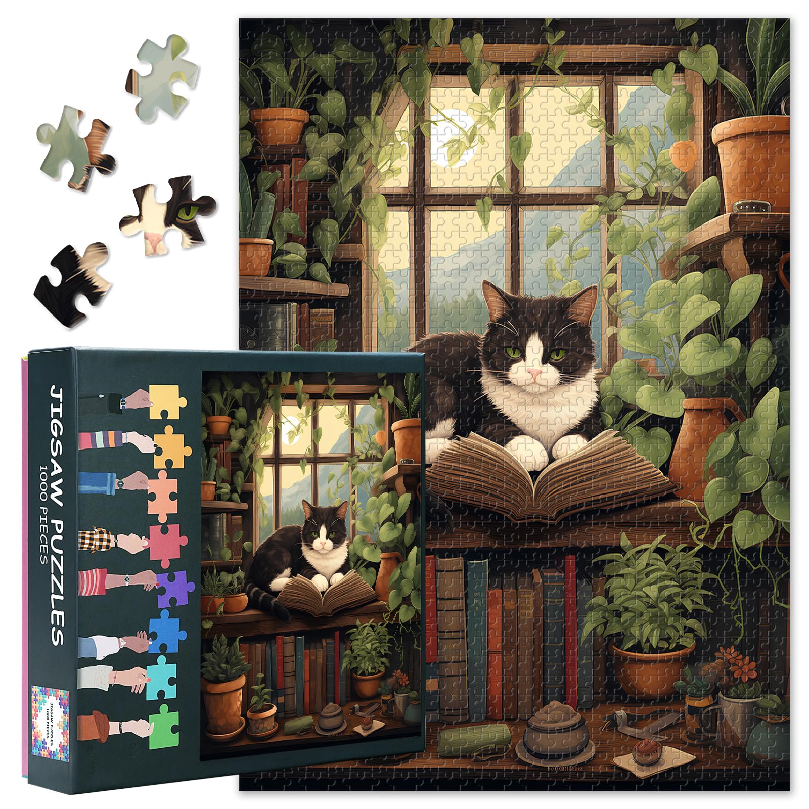 Black Cat - Library Windowsill Cat - Green Plants - 1000 Piece Jigsaw Puzzle for Adults -Challenging Puzzle Perfect for Game Nights - Finished Size is 27.5" x 19.6"