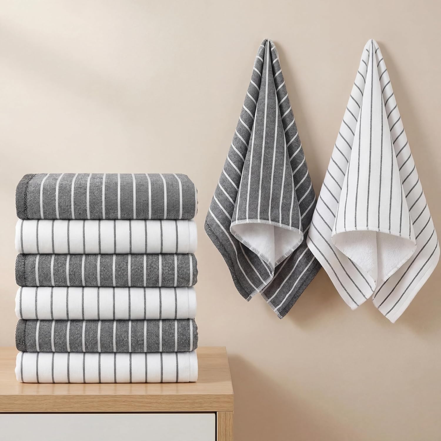 6 Pack Striped Hand Towels for Bathroom 100% Cotton Face Towels Decorative Grey White Striped Handtowels Set with Hanging Loop 14 x 30 Inch Soft Absorbent Towel for Spa, Kitchen Decor