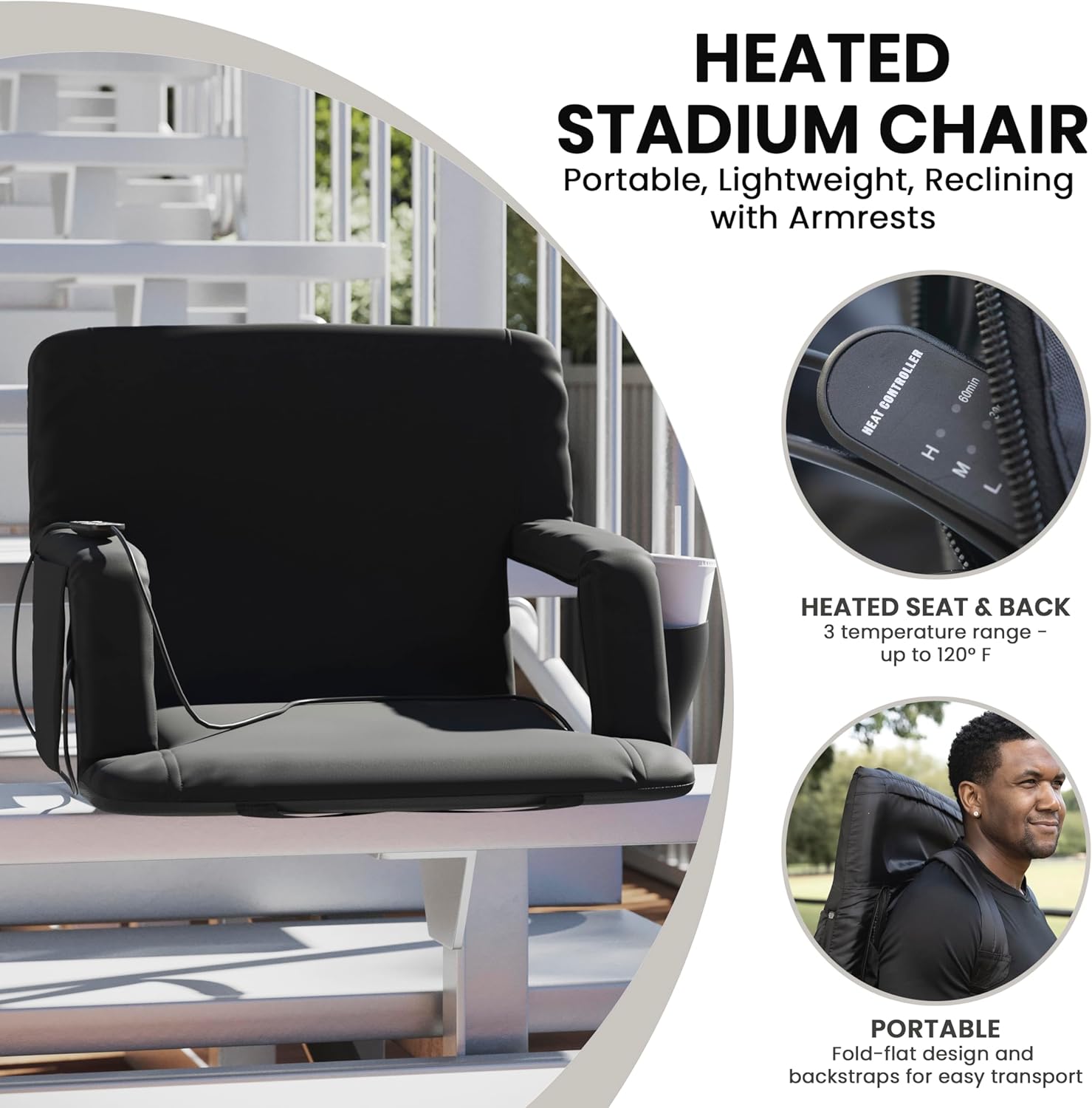 Extra Wide Black Heated Reclining Stadium Chair with Armrests