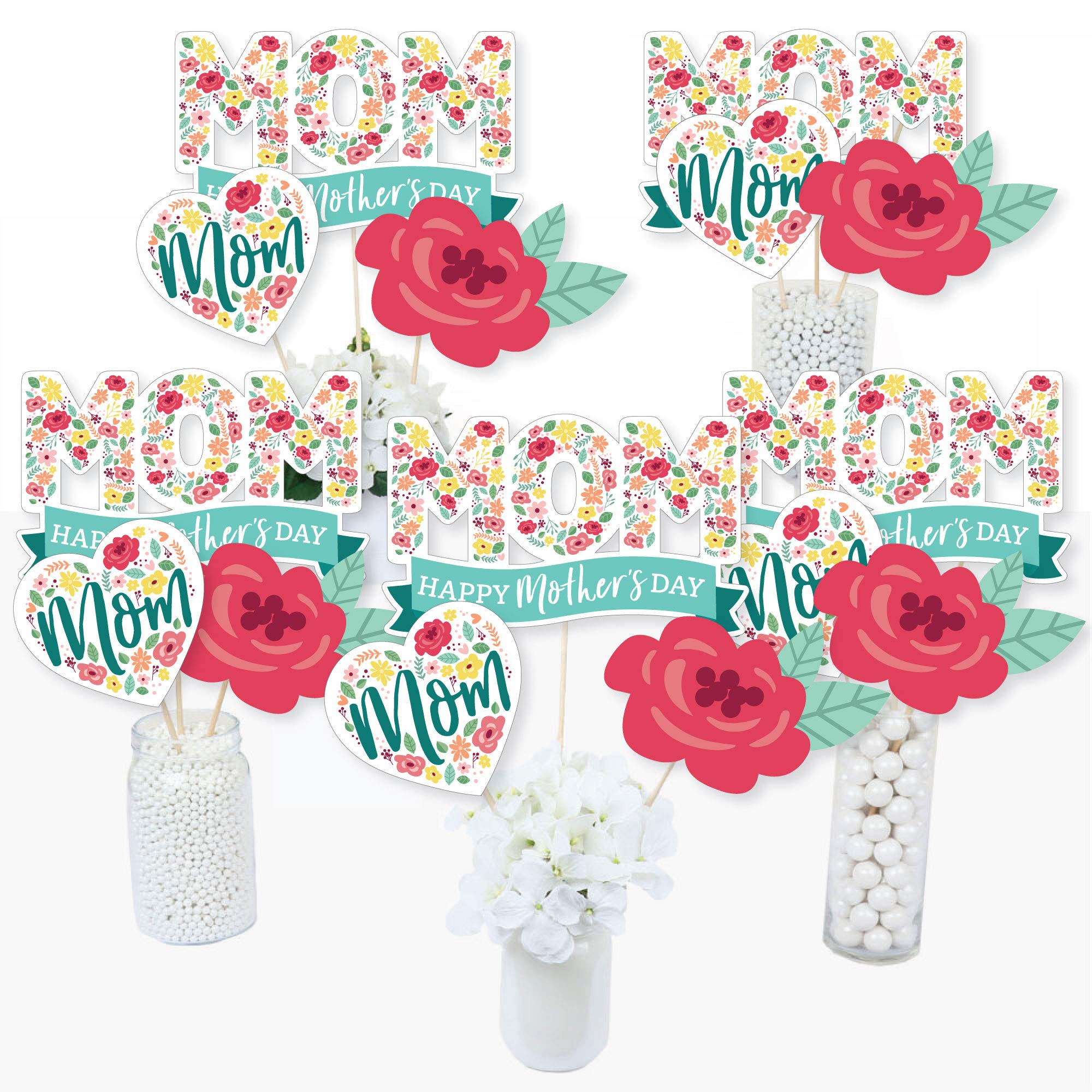 Big Dot of Happiness Colorful Floral Happy Mother's Day - We Love Mom Party Centerpiece Sticks - Table Toppers - Set of 15