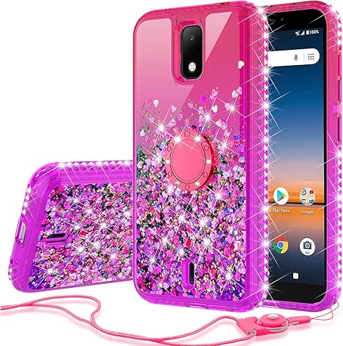 GW USA - Funda para Cricket Debut 4GAT&T Calypso 2 (U319AA) con soporte de anillo con purpurina líquida con protector de pantalla, soporte de