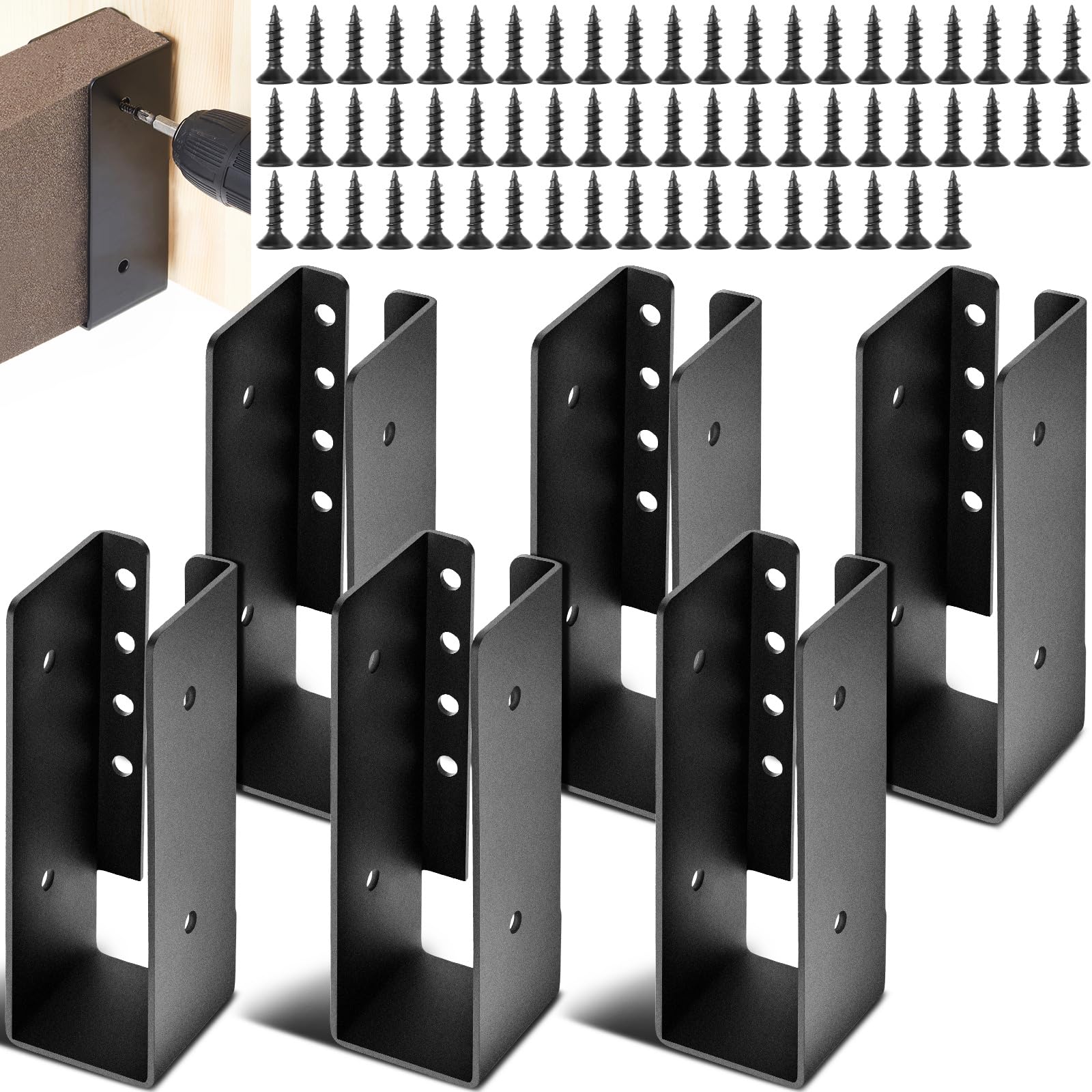 Blulu 6 ganci per travetti nascosti da 5,1 x 15,2 cm, con 72 viti in acciaio verniciato a polvere, staffe per recinzioni per legno, adatte per corrimano a travi da 5,1 x 15,2 cm, flange per ringhiere