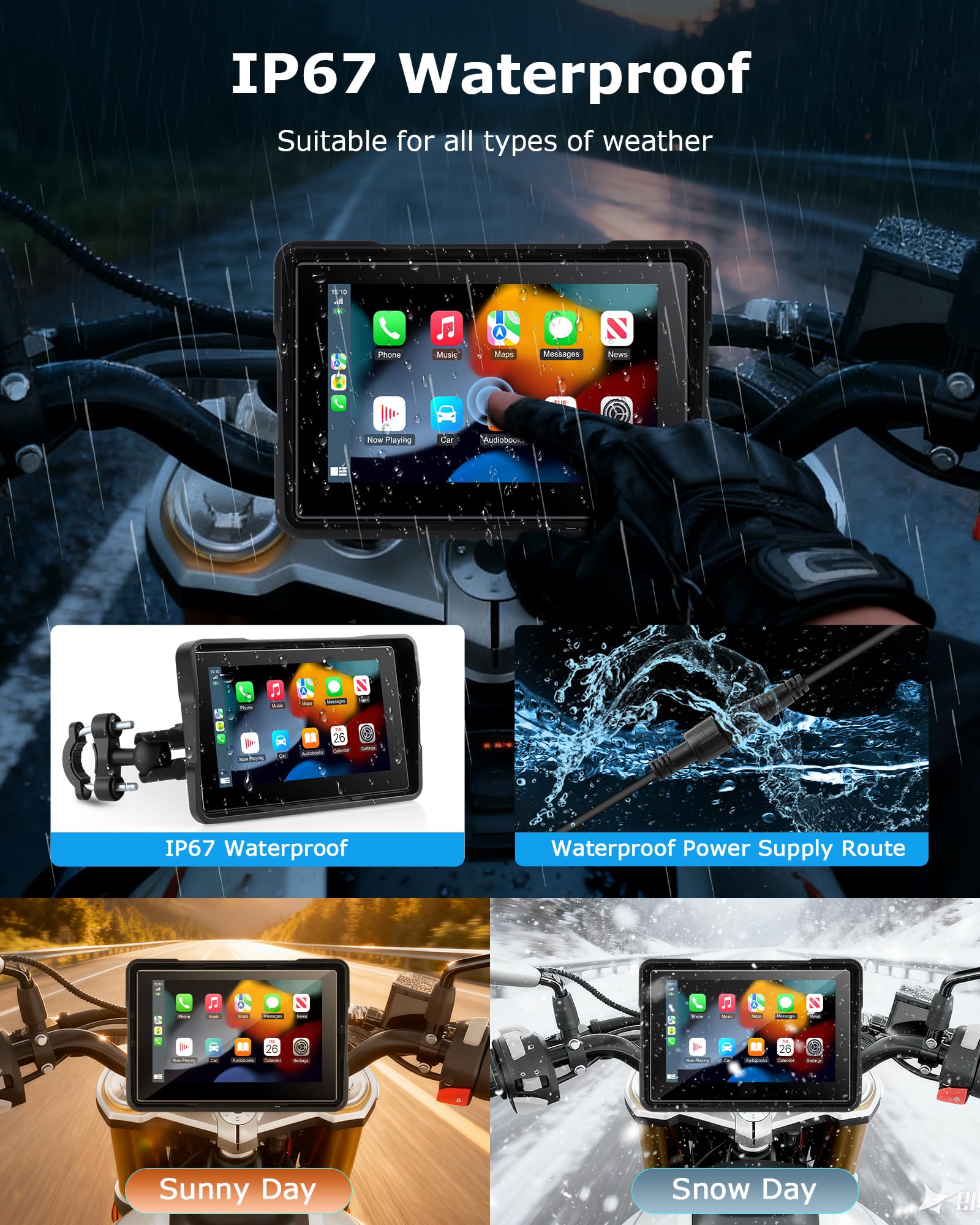 Motocyklowy ekran Carplay Android Auto z 5-calowym wodoodpornym ekranem dotykowym, bezprzewodowe Carplay i Android Auto, nawigacja GPS Siri GOO-gle
