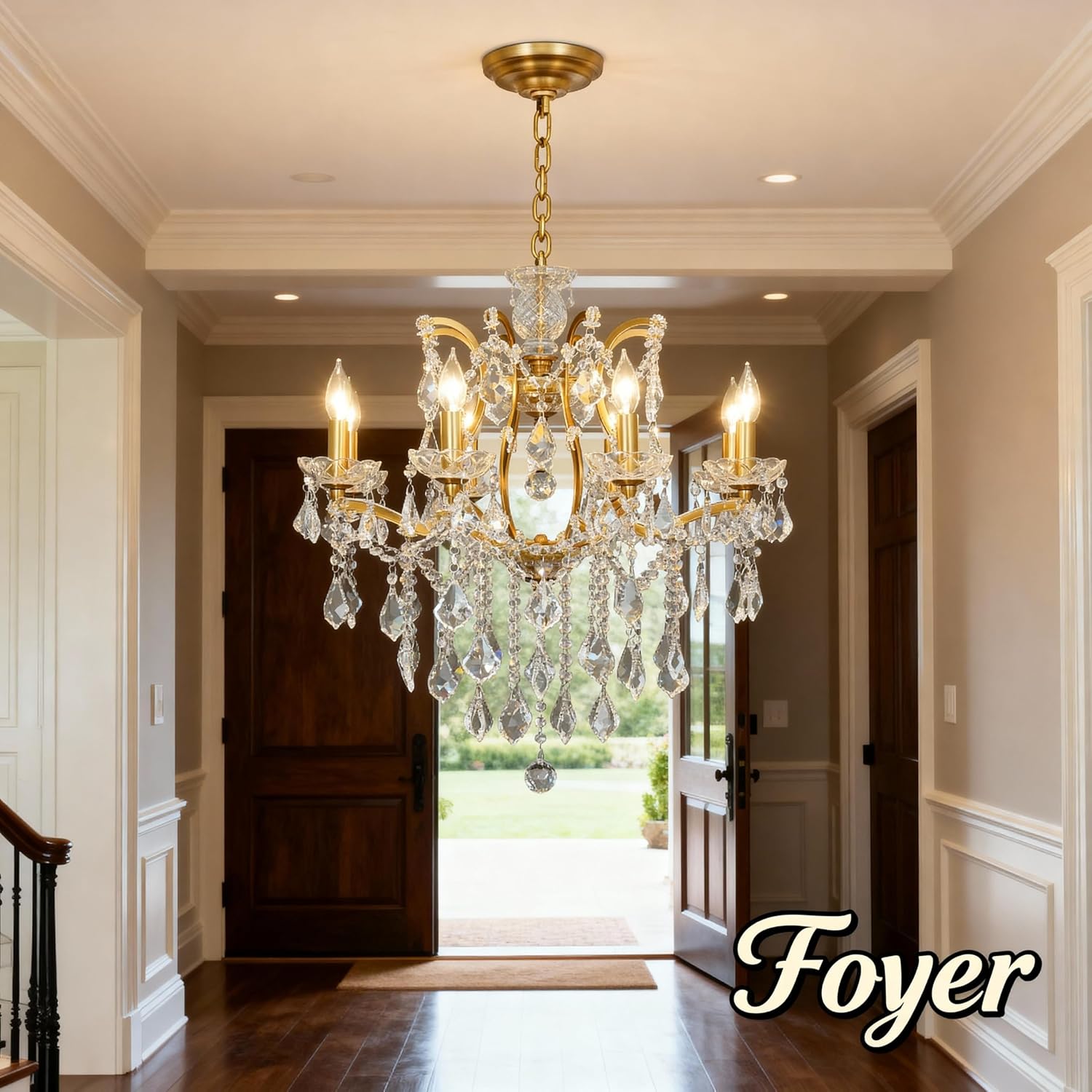 Antique Gold Crystal Chandeliers, Candle Pendant Ceiling Light Fixture 8-Lights Luxury Polished Golden Bronze Crystal Chandelier Adjustable Chain for Dining Living Room Foyer Hallway