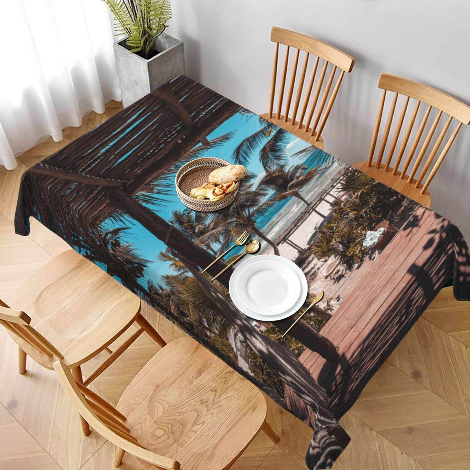 BNVSADC Beach Palm Trees Printed Rectangle Tablecloth 228x152 CM, Water Resistant Polyester Table Cloth Decorative Fabric Table Covers for Kitchen Dining Table Parties Camping