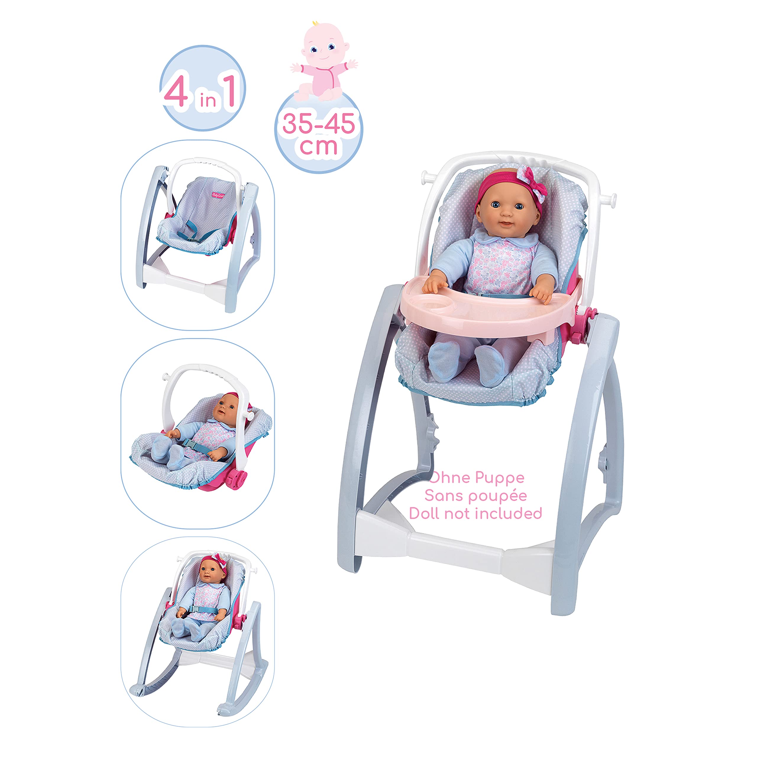 Theo Klein 1682 Baby Coralie Puppen-Hochstuhl | Vier Ausrichtungen: Hochstuhl, Schaukel, Wiege und Trage | Maße: 37 cm x 41 cm x 65 cm | Spielzeug für Kinder ab 3 Jahren
