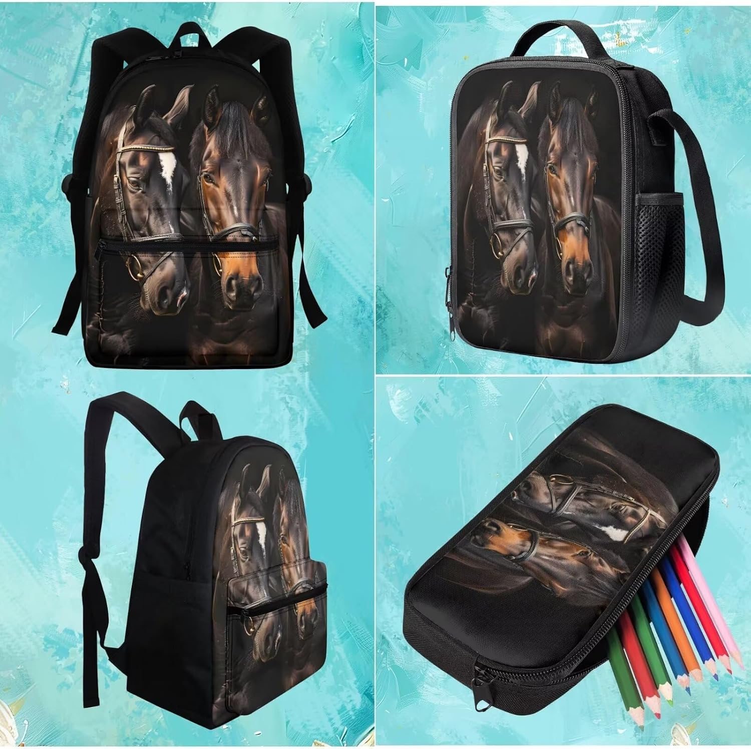 BIGCARJOB Brown Animal Horse Backpack Set for Boys Girls 8-10,Animal Horse School Book Bags Children Schoolbags Set with Lunch Box Pencil Holder Set 3 Pcs Kids Back to School Bags Set