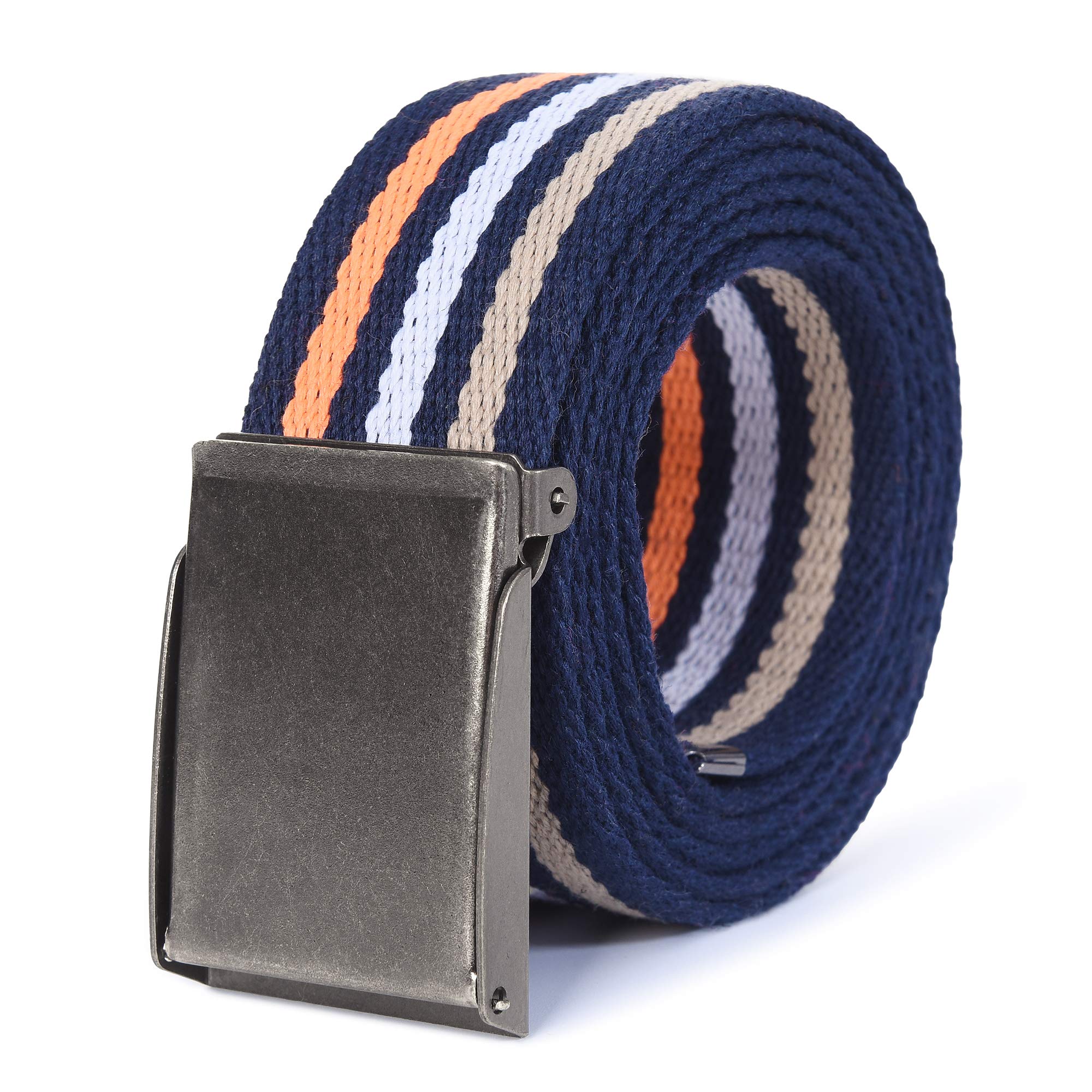 Mile High Life Canvas Web Belt | Cut to Fit Up to 52" | Flip-Top Brushed Silver Nickel Buckle (Navy White-S)