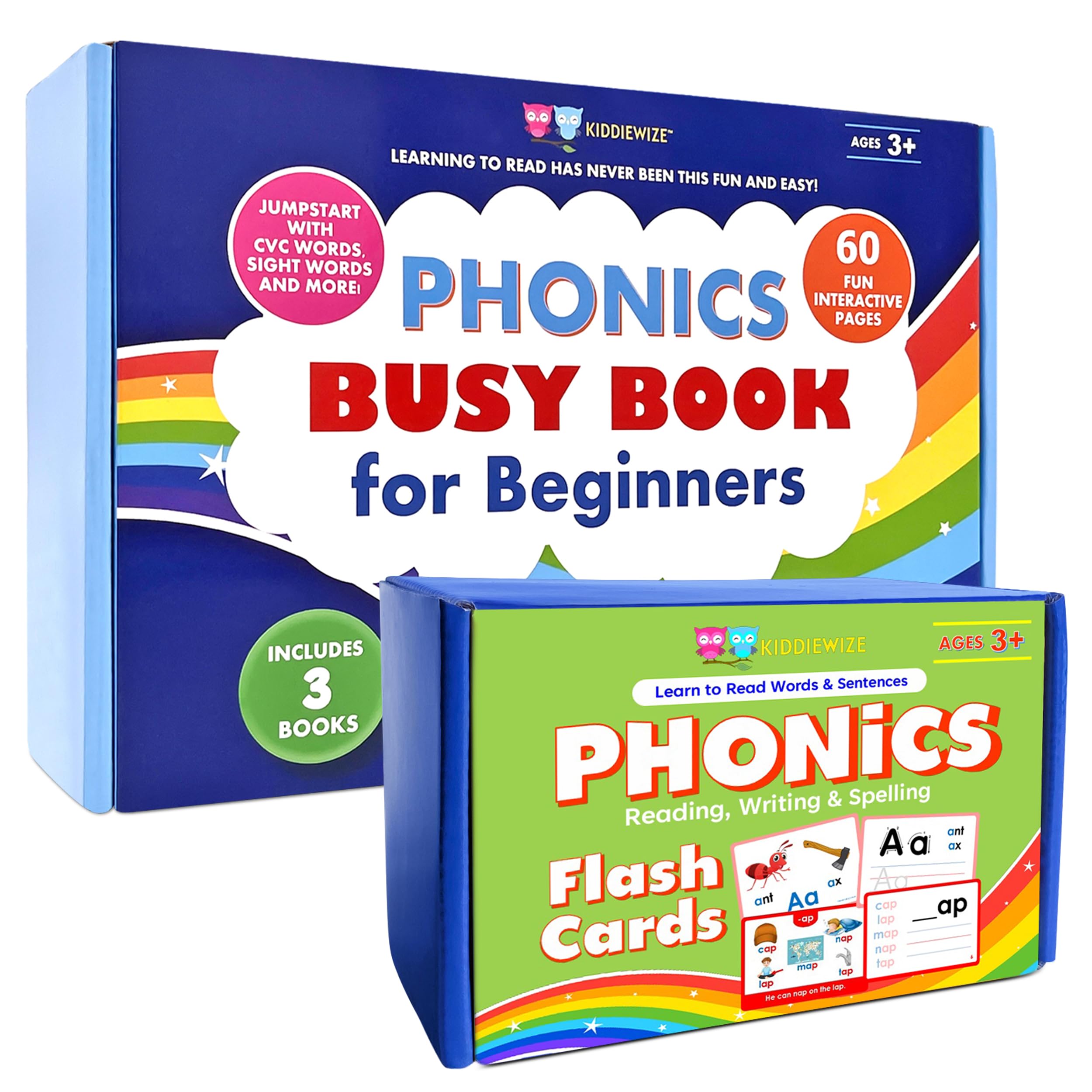 Learn to Read Phonics Busy Book and Learn to Spell Write Phonics Flashcards with Pictures and Sentences, ABC Letter Sounds, Decodable CVC Words, Blends and Digraphas for Kids