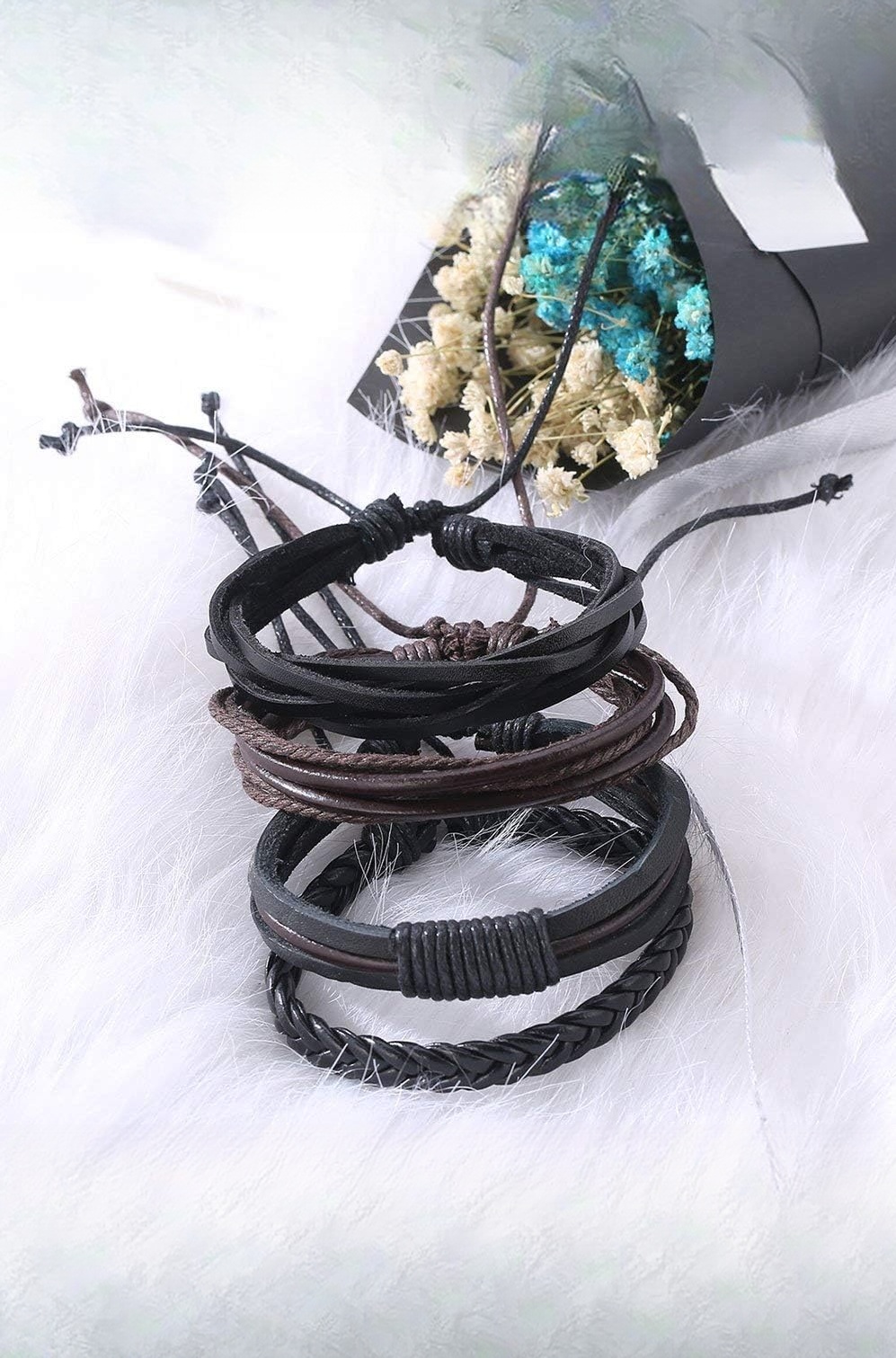 University Trendz Black Leather Handmade Woven Bracelet for Men & Women (Set of 4) (Black)