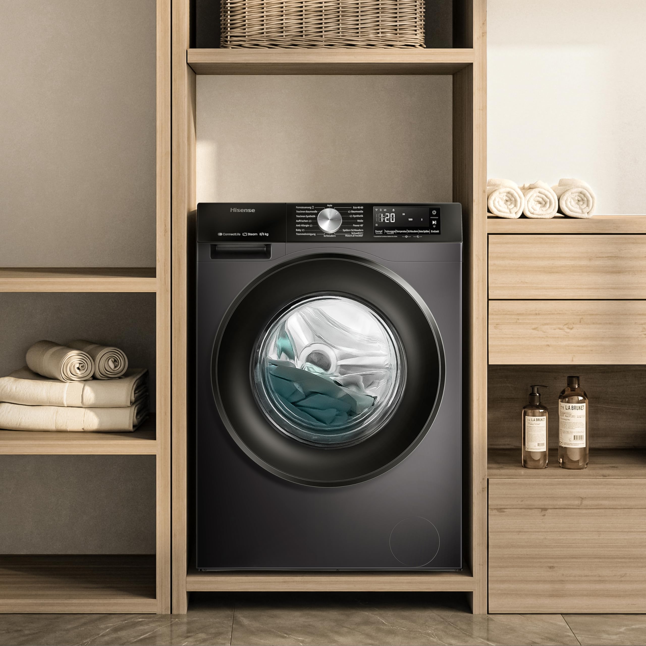 Hinsense WD3S8043BB3 Waschtrockner 8 kg 1400 U/min Dampffunktion JetWash Anti-Allergie Schwarz