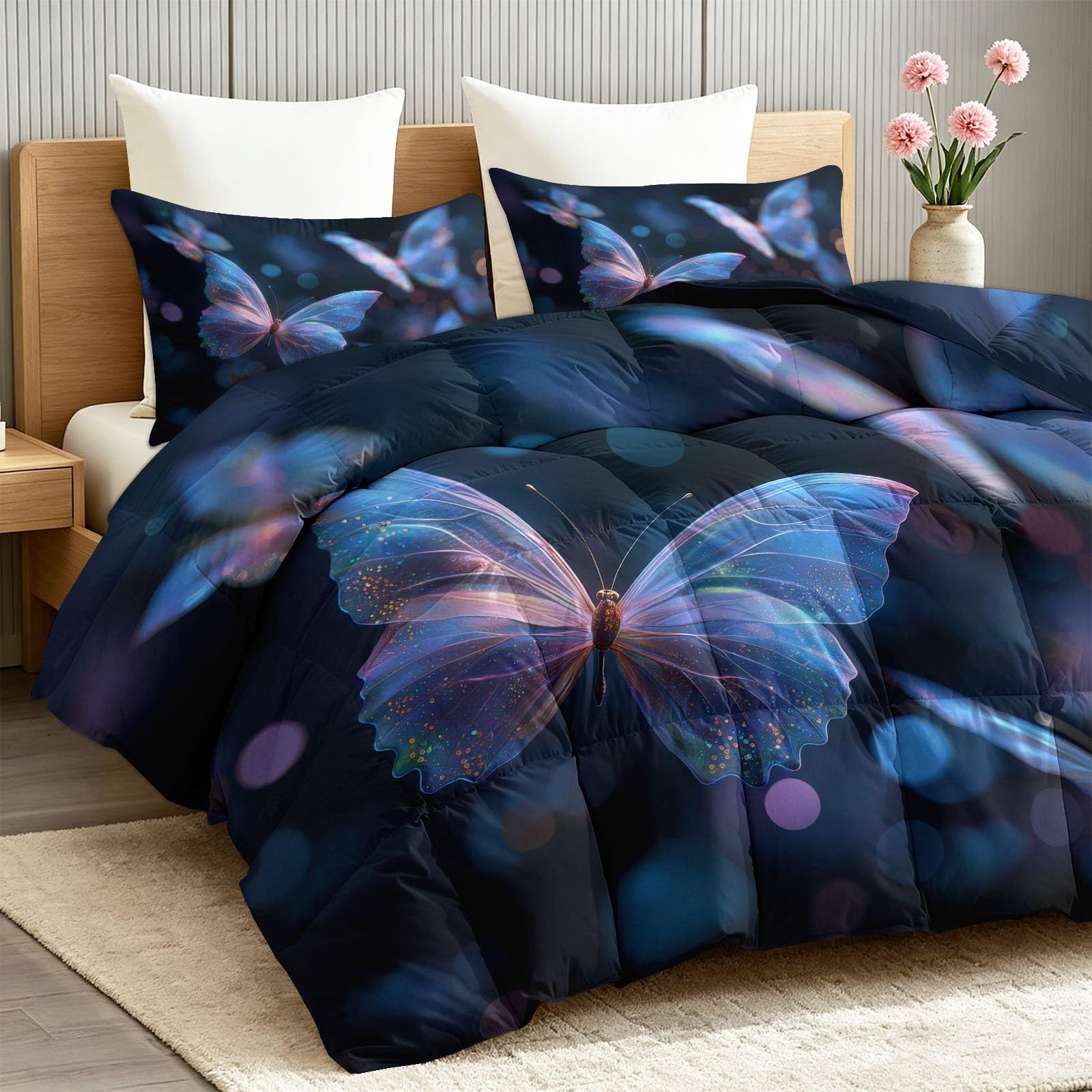 Edredón doble sin funda de edredón de 4,5 tog, edredón de verano con estampado de fantasía de insectos con funda de almohada a juego, mariposa brillante de ensueño, manta de verano ligera, lavable a