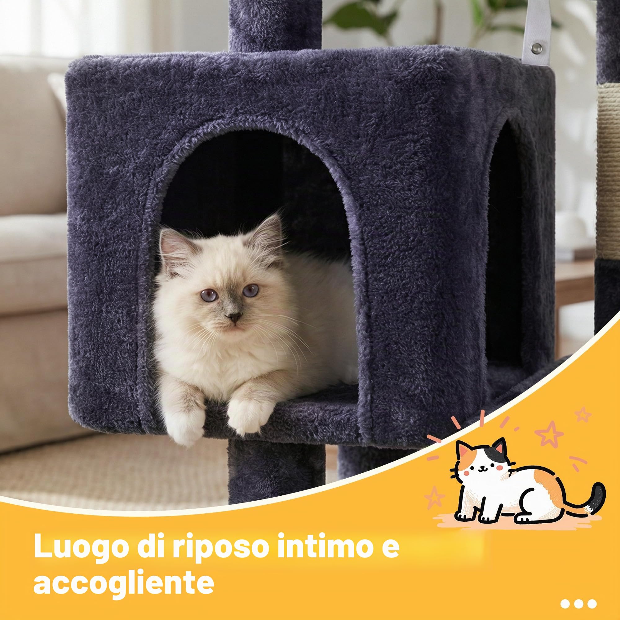 Hey-brother Tiragraffi per Gatti, con Cuccia, Topolino finto, MPJ004SG | 110cm Albero per Gatti Multilivello, Cesta, Piattaforme in Peluche, Pompon, Ideale per gattini da interno, Grigio Fumo