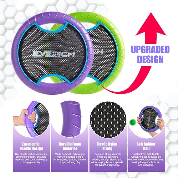 EVERICH TOY Bouncy Paddle Ball Game for Kids with EVA Foam Trampoline Paddles and Balls, Stringy Ball Toss and Catch Set for Indoor Outdoor Beach Pool Backyard Play, Flying Disc Gift for Boys & Girls